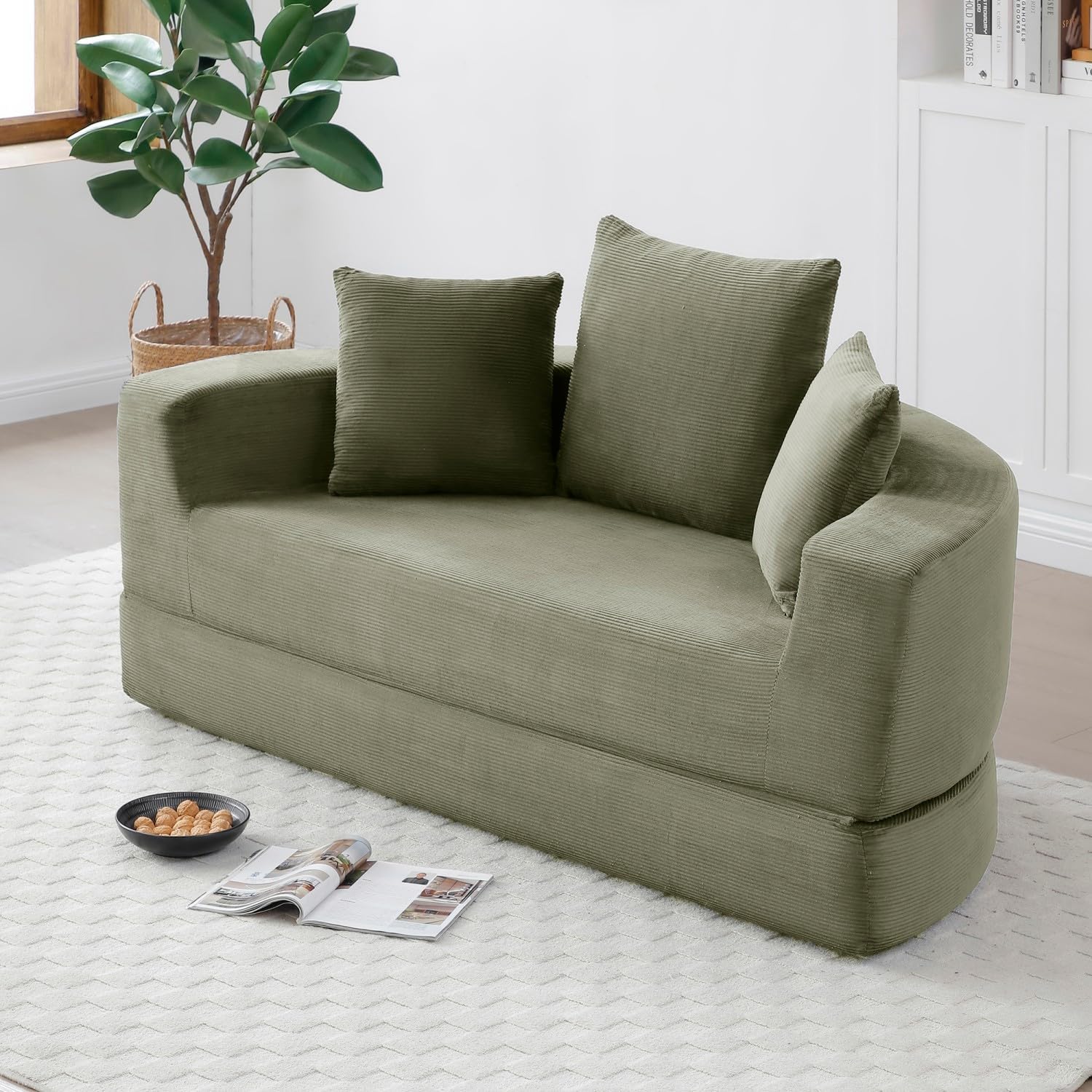 Folding Sofa Bed, Corduroy Circular Boneless Couch, No Assembly Convertible Sleeper Sofa with 3 Pillow, Comfy Futon Sofa Bed for Apartment, Office, Bedroom, Living Room, Green