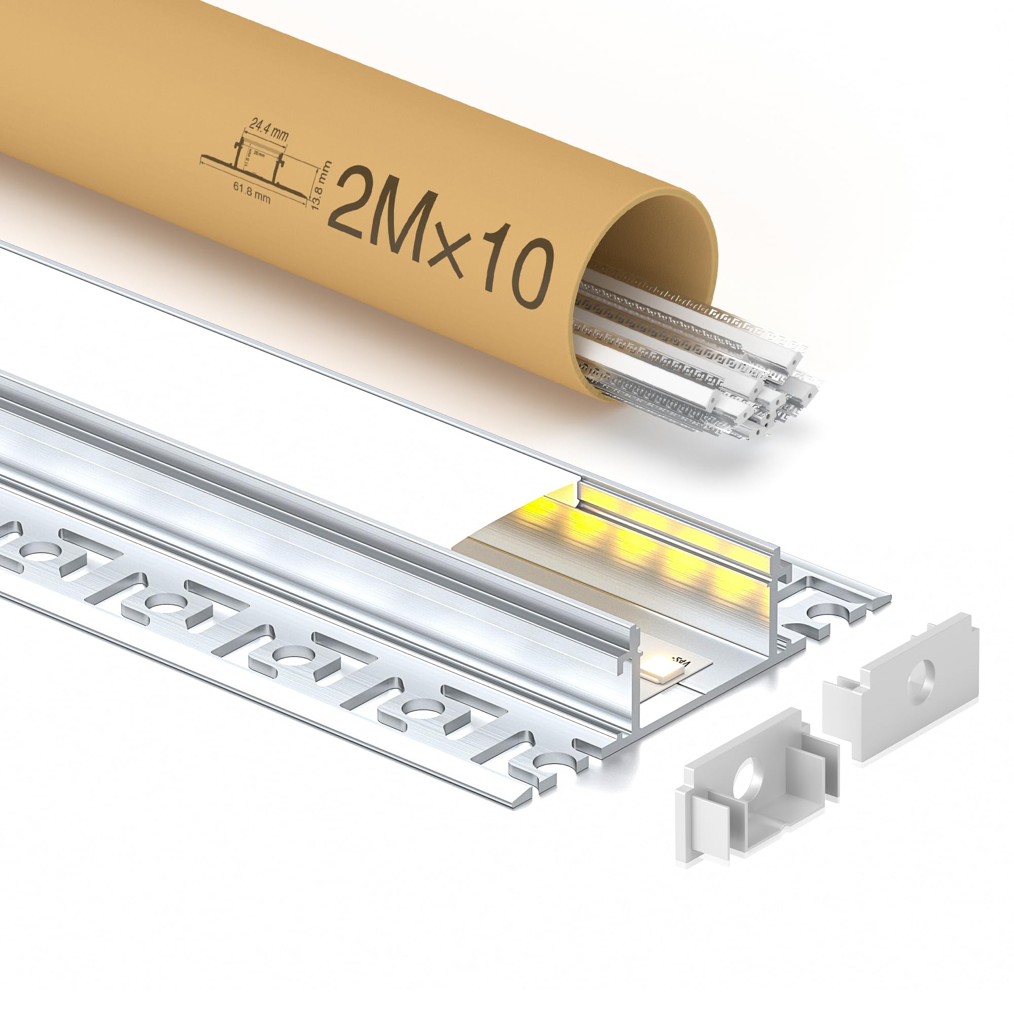 GEEKLUX 10 x Profili per Strisce LED da 2 m in Alluminio (Totale 20 m (WJ005_(61.8 x 13.8mm)_U_LED≤20mm, 10 x 2m_(20m))