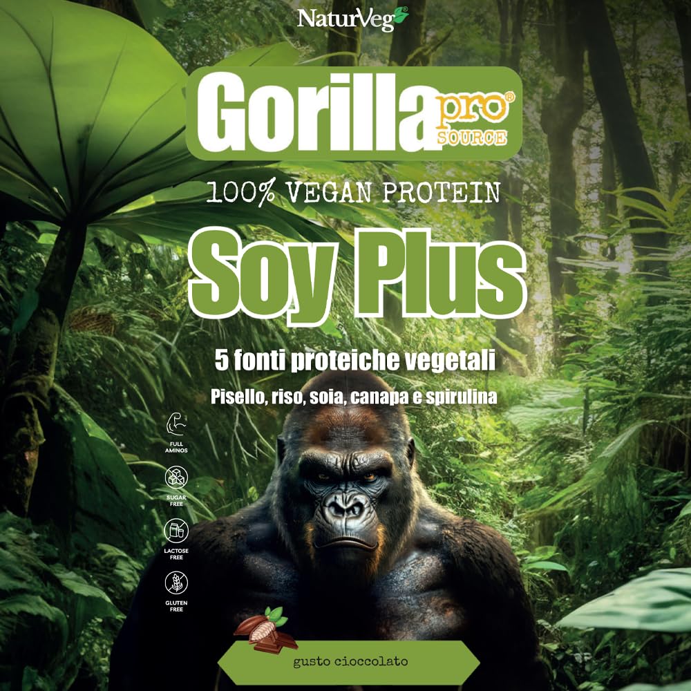 Naturveg® GORILLA PRO Soy Plus – Proteine in polvere Vegane Senza Glutine, da 1kg, proteine vegetali di riso canapa soia pisello, vitamine e Sali minerali (1Kg, Cioccolato)