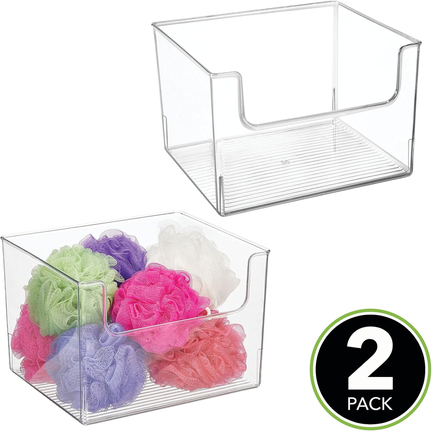 mDesign Modern Plastic Open Front Dip Storage Organizer Bin Basket for Bathroom Organization - Vanity Shelf, Cubby, Cabinet, and Closet Organizing Decor - Ligne Collection - 2 Pack - Clear