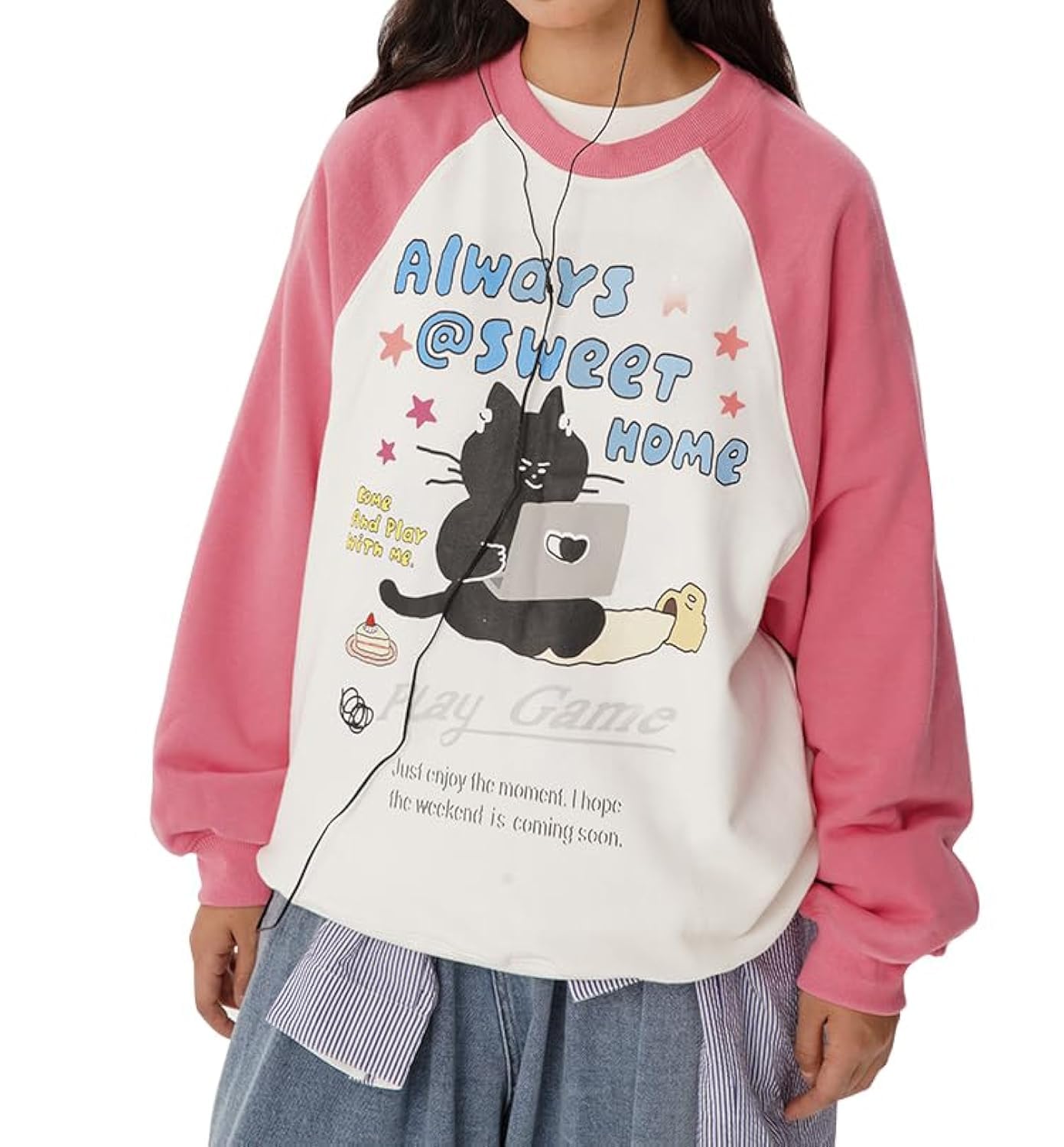 OATSBASWomens Oversized Graphic Crewneck Sweatshirts y2k Star Print Long Sleeve Cute Sweatshirts for Teen Girls