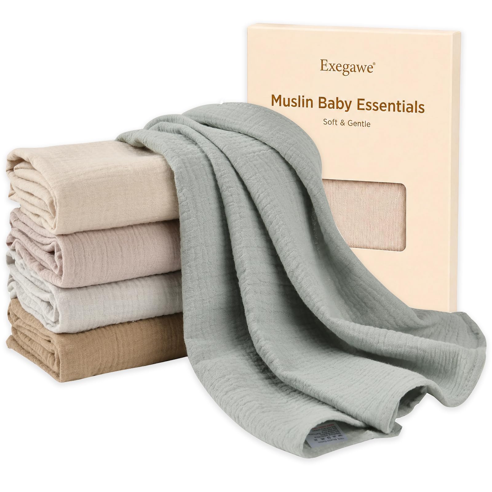 Exegawe Baby Muslin Cotton Squares Cloths 5-Pack, 60x60cm(Beige Set)