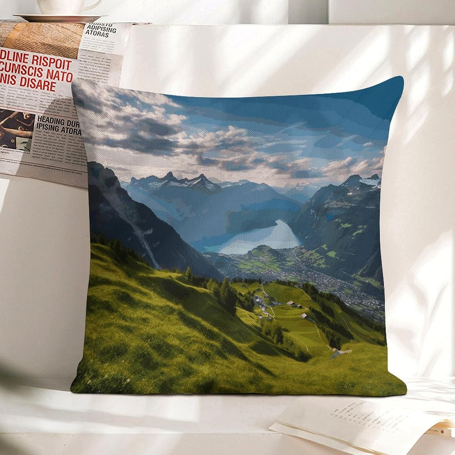 Switzerland Alps Pillow Protectors Cute Waterproof Pillow Cover Soft Skin-Friendly Cushion Case Decorative Square Cushion Cover for Couch Sofa Bed Living Room Bedroom