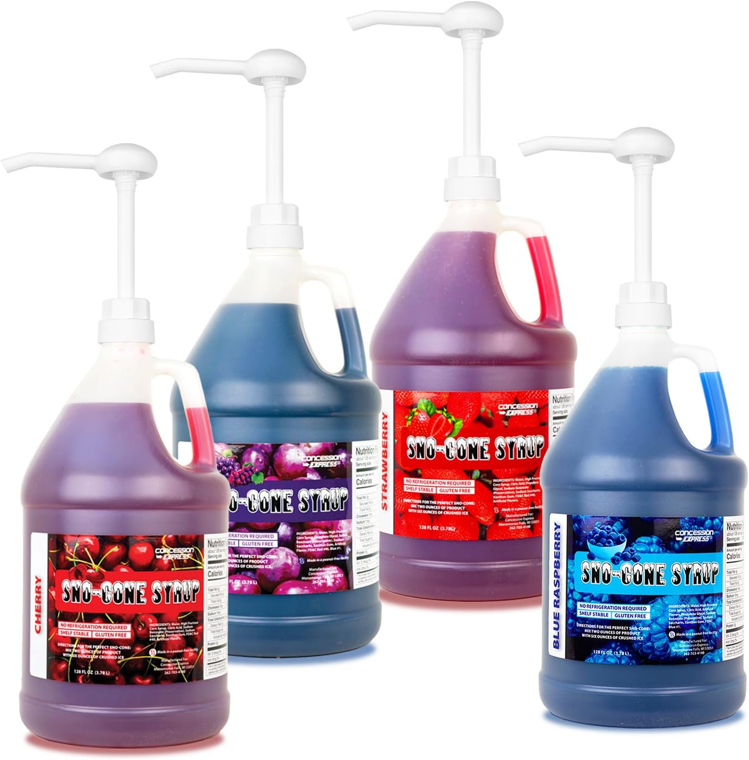 Sno-Cone Syrups - Four Gallons with Pumps (Blue Raspberry-Cherry-Grape-Strawberry)