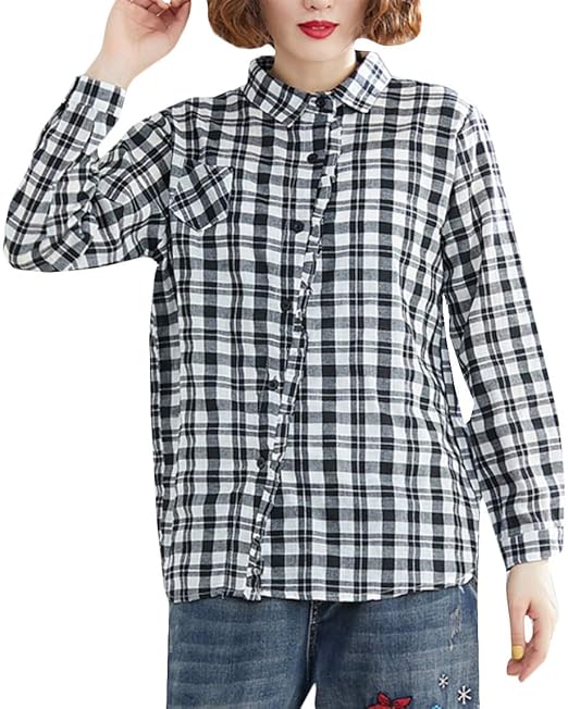Amazon Bscool チェックシャツ レディース 長袖 ネルシャツ ポロネック ゆったり ブラウス チェック柄 オシャレ トップス ギンガム チェック オシャレ シャツ ファッション 春 秋 シャツ ブラウス 通販