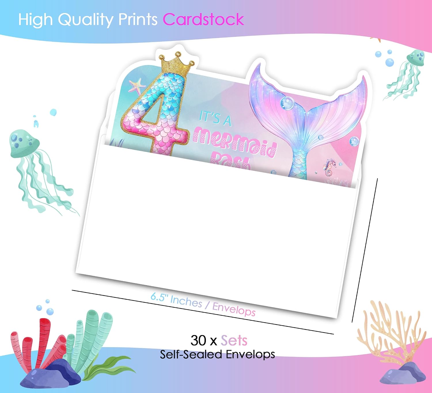 Mermaid Birthday Invitations, 4th Birthday for Girls Kids, Pink Mermaid Pool Party Invites, 30 Sets with Envelopes