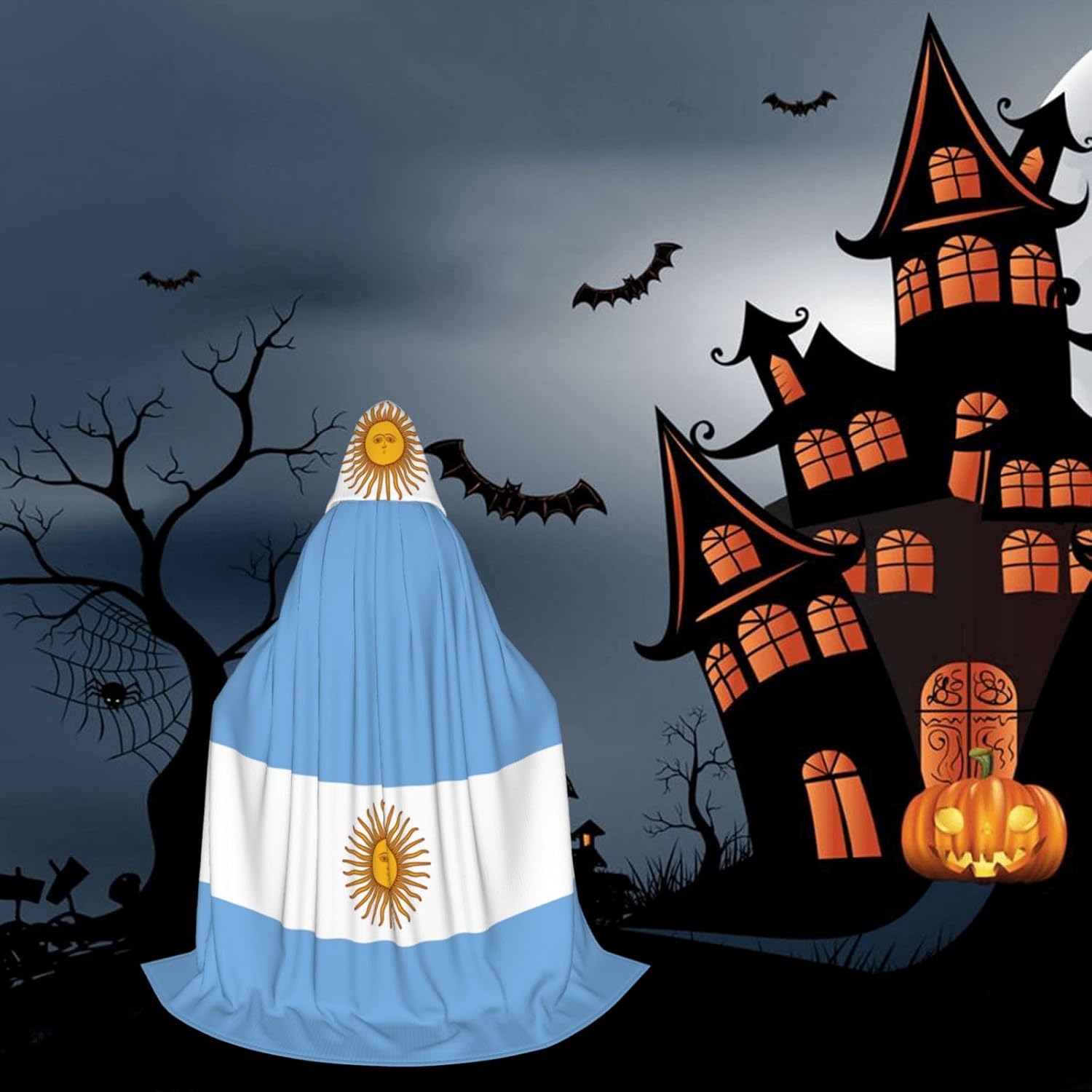 Argentine flag print Wizard Hooded Robe Medieval Cape Renaissance Cloak for Men Women Halloween Costume