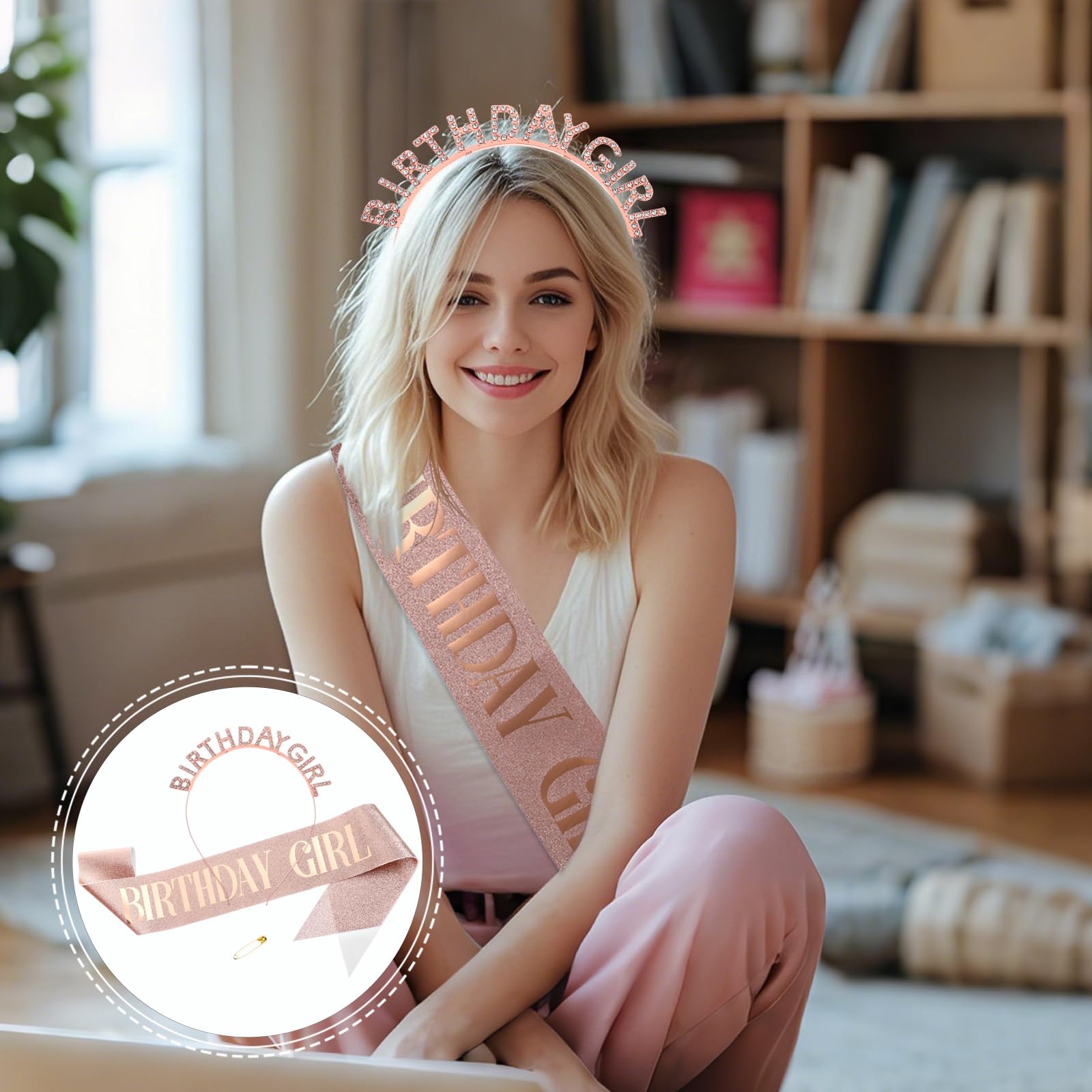 Korona urodzinowa dla dziewcząt, szarfa błyszcząca szarfa urodzinowa "birthday girl", szarfa dla dziewcząt, dla kobiet, na uroczystości, imprezę, bal absolwentów, dekoracja Happy Birthday, na
