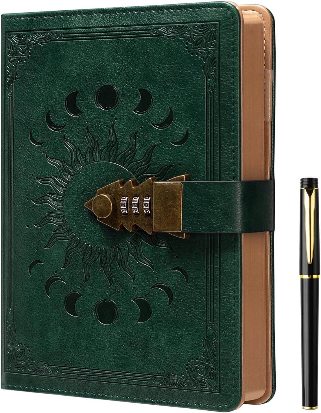 Carnet Secret avec Code 21 x 15,5 cm 224 Pages Couverture Cuir PU Design Relief Soleil Lune Vert Émeraude
