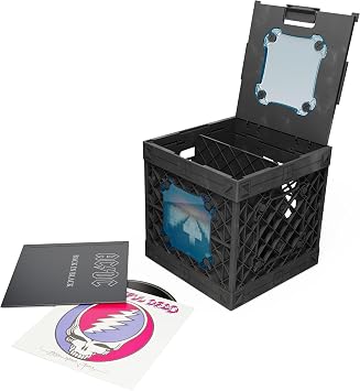 CrateVinyl - Vinyl Record Storage Crate Modular Storage Cube for LP Albums with Divider and 2 Clear Panels Black crate - Blue tint panels