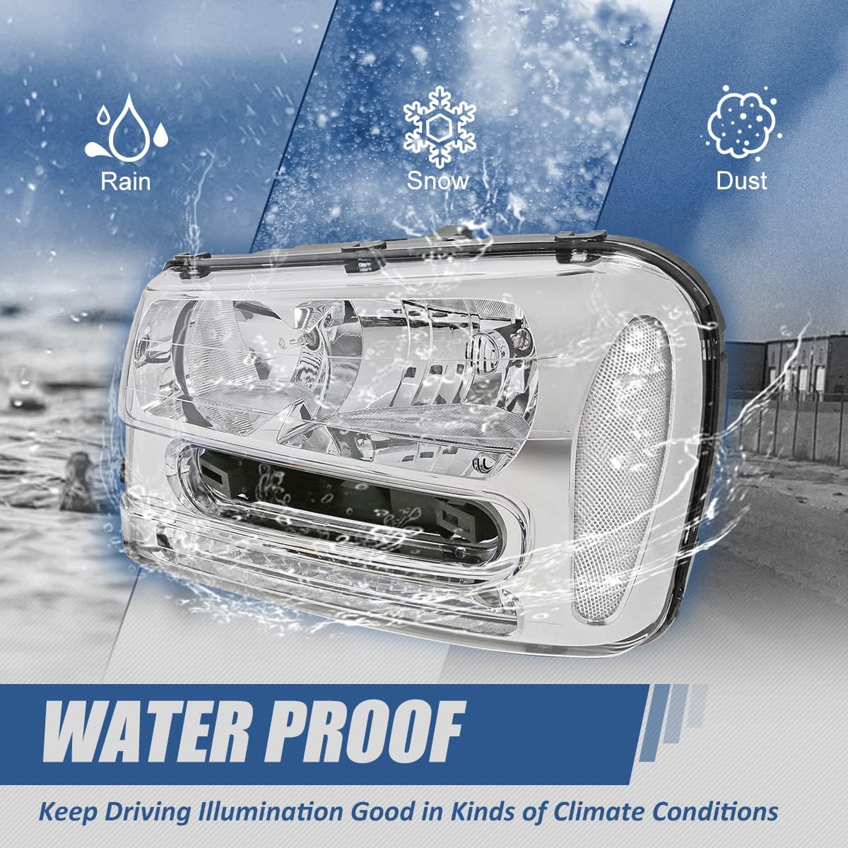Auto Dynasty [Full Length Grill Bar Model] Factory Style Headlights Assembly Compatible with Chevy Trailblazer/Trailblazer EXT 02-09, Driver and Passenger Side, Chrome Housing Clear Corner