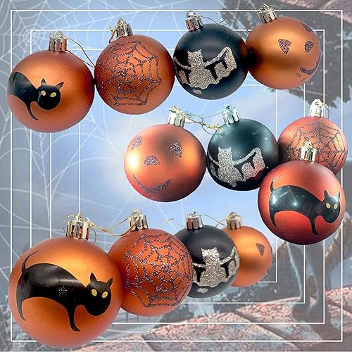 Miniatura 3 de Ochine 12 adornos de bola de Halloween, bolas colgantes de Halloween de 2.4 pulgadas, calabaza, murciélago, telaraña, bola inastillable