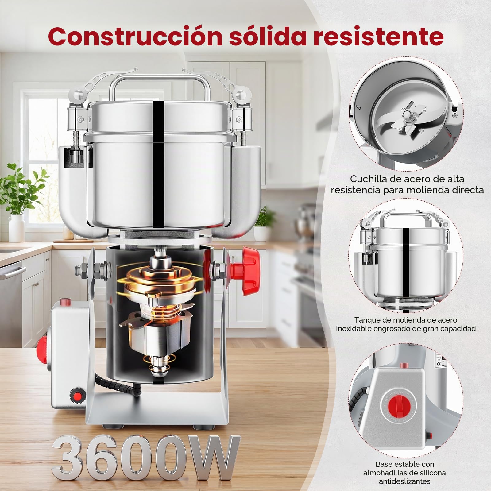 1000g Molino de Cereales, Agitar para Moler, Molino de Cereales Eléctrico para Especias/Frutos Secos/Cereales con Protección Contra Sobrecargas