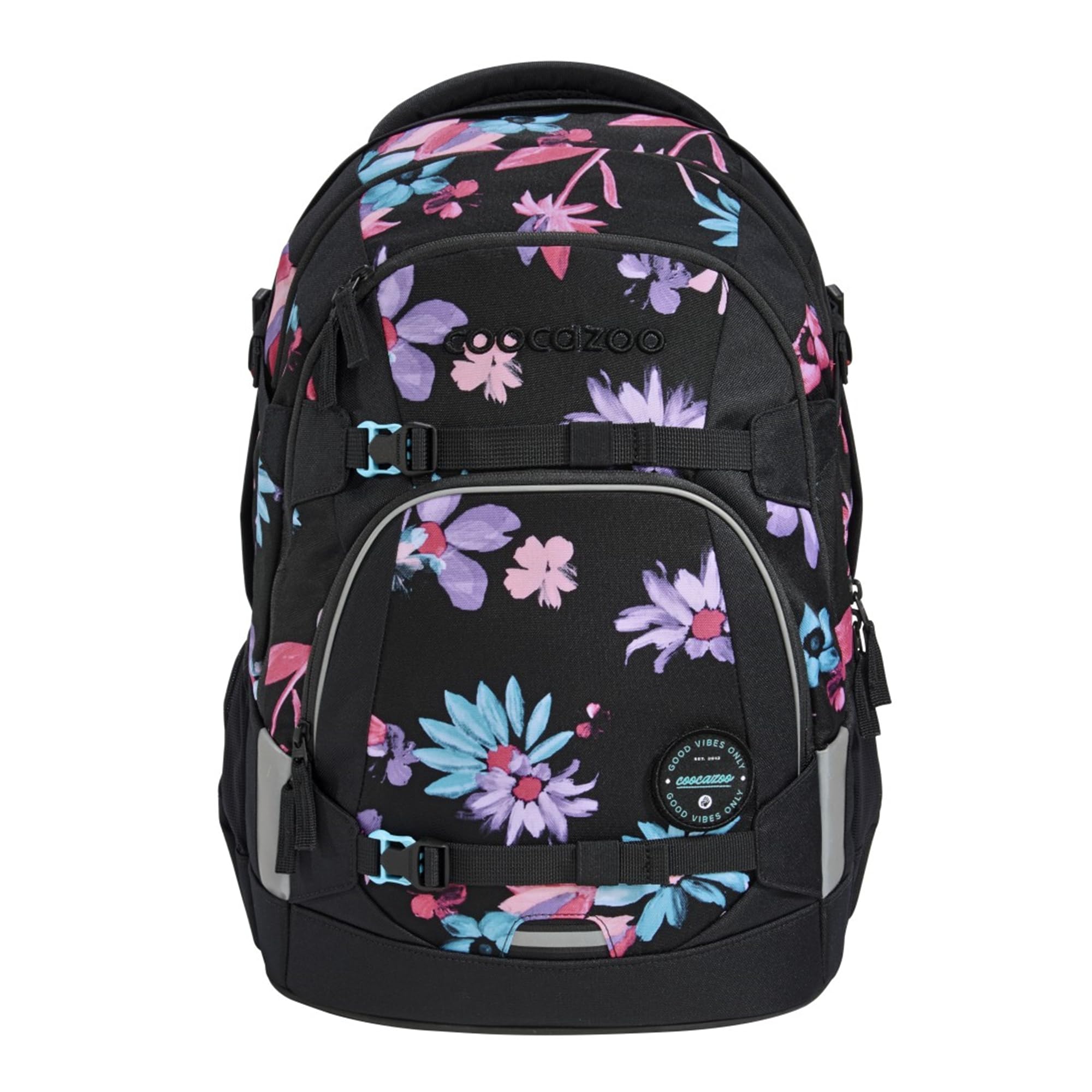 coocazoo Schulrucksack Mate „Floral Artnight”, schwarz-blau, ergonomischer & anpassbarer Tornister, höhen- & größenverstellbar, mit Brustgurt & Hüftgurt, ab der 3. Klasse