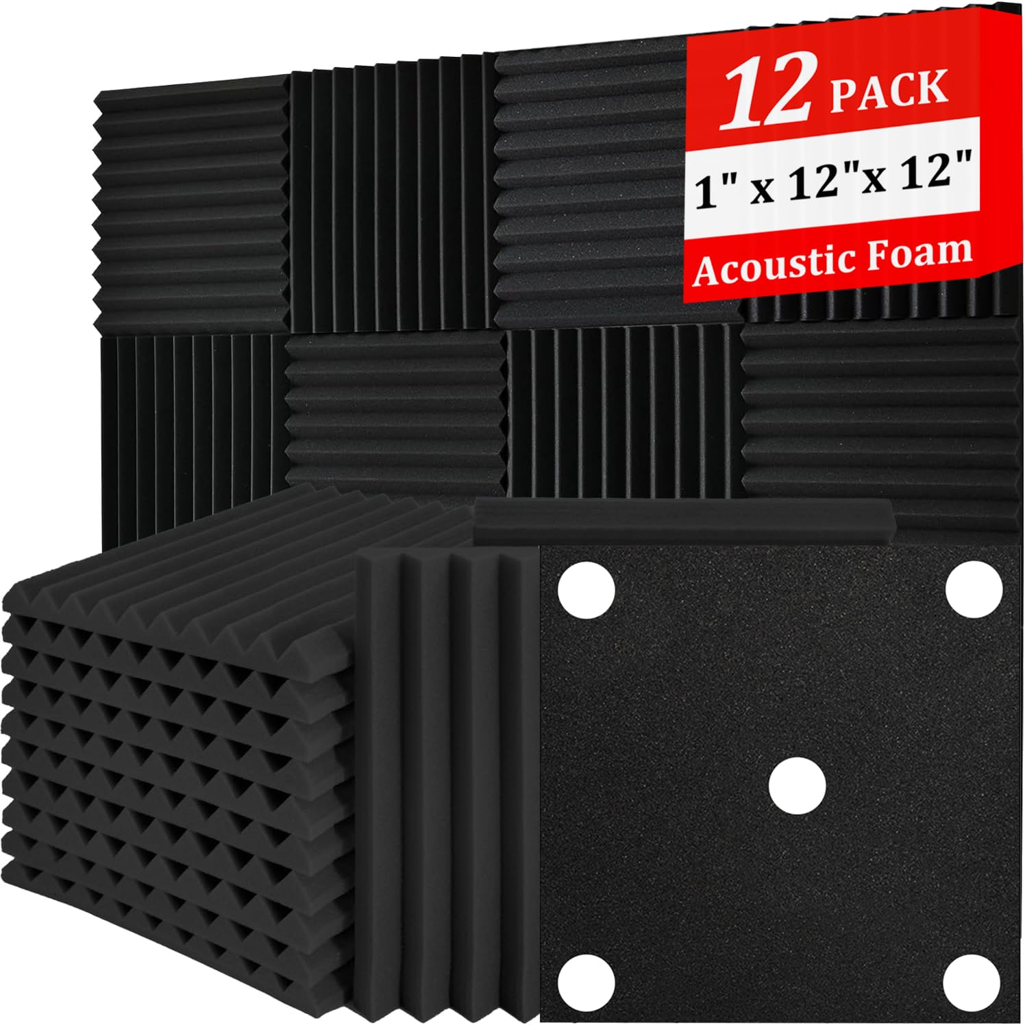 12 Pack Acoustic Foam Panels 1" x 12"x 12" Soundproof Panels Black Sound Insulation for Wall Absorbing Fire Resistant Acoustic Dampening Wedges Home Office