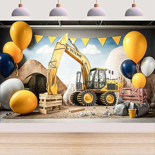 Miniatura 2 de Globos 3D para excavadora, fiesta de cumpleaños, telón de fondo de construcción, tema de construcción, excavadora, grúa, fondo de fotos para fiesta