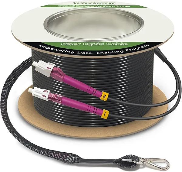 500 Feet (150 Meters) Armored OM4 LC to LC Fiber Patch Cables, 10gb/40gb/100gb Multimode LC Fiber Optic Cable Indoor/Outdoor with Pulling Eye Kit Installed on one end, Duplex 50/125μm LC Jumper