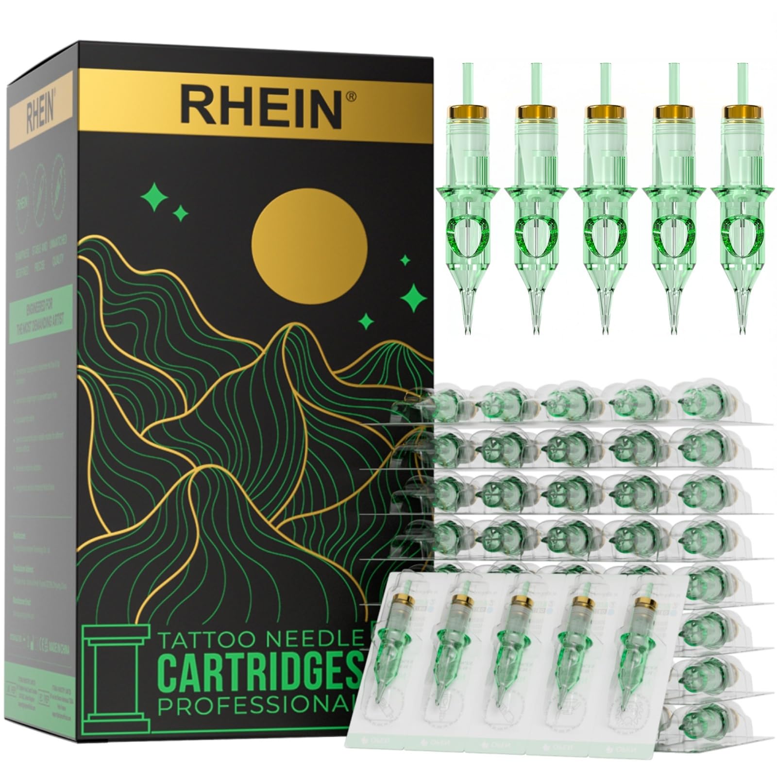 RHEIN Cartuchos desechables Set de agujas mixtas 50PCS #12 Estándar redondo forro 3RL 5RL 7RL 9RL 11RL Accesorios para principiantes y artistas EN02R-50KIT-E