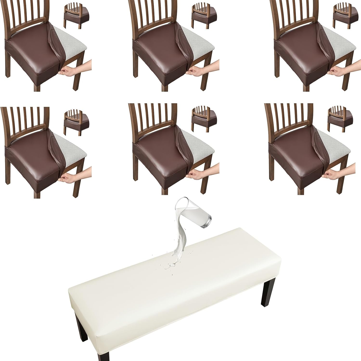 FUANGUI Dining Chair Covers Set of 6+Bench Cover, Waterproof PU Leather Stretch Chair Seat Slipcovers, Coffee+White