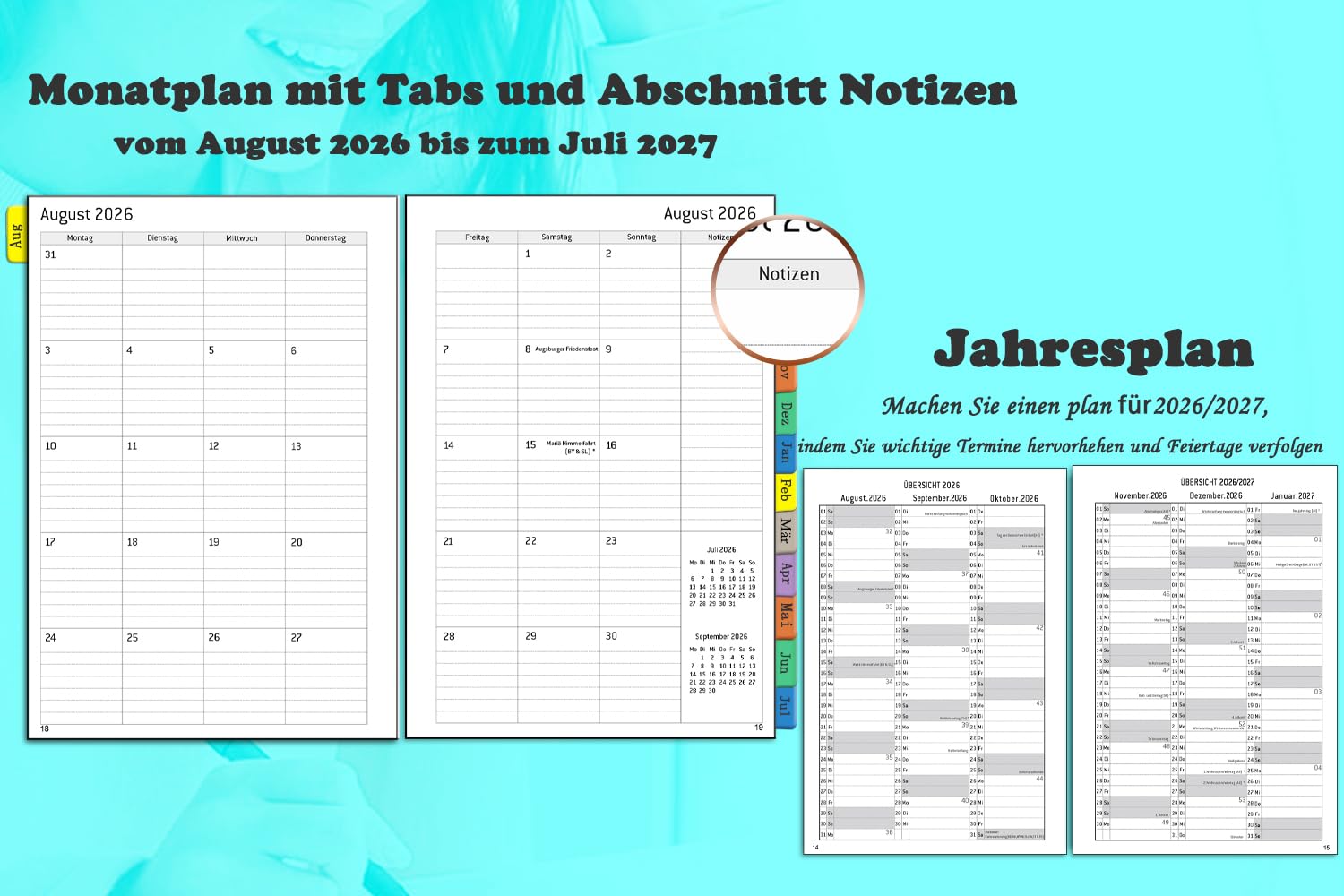 Kalender 2026 2027 A5, Wochenplaner/Terminplaner Ringbuch mit Tabs, Innentasche, Spiralbindung, Buchkalender 1 Woche 2 Seiten, Schülerkalender Studienplaner Hausaufgabenheft Planer 2026/27(Aug-Jul)