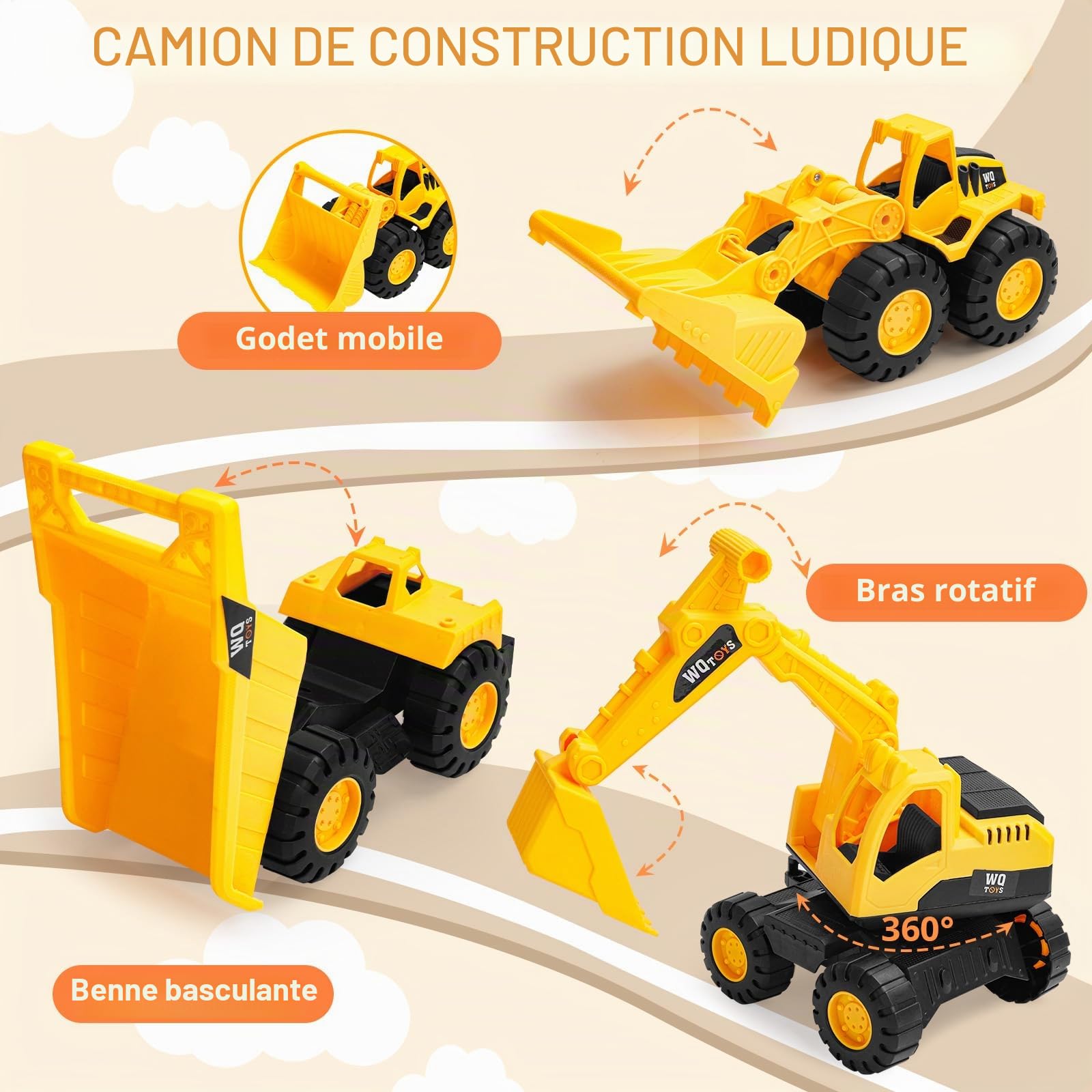 Camions de Chantier Jouets pour Enfants – Set 3 Véhicules BTP : Pelleteuse, Camion-Benne et Bulldozer – Jouet de Construction pour Garçon et Fille dès 3 4 5 6 Ans – Cadeau Anniversaire