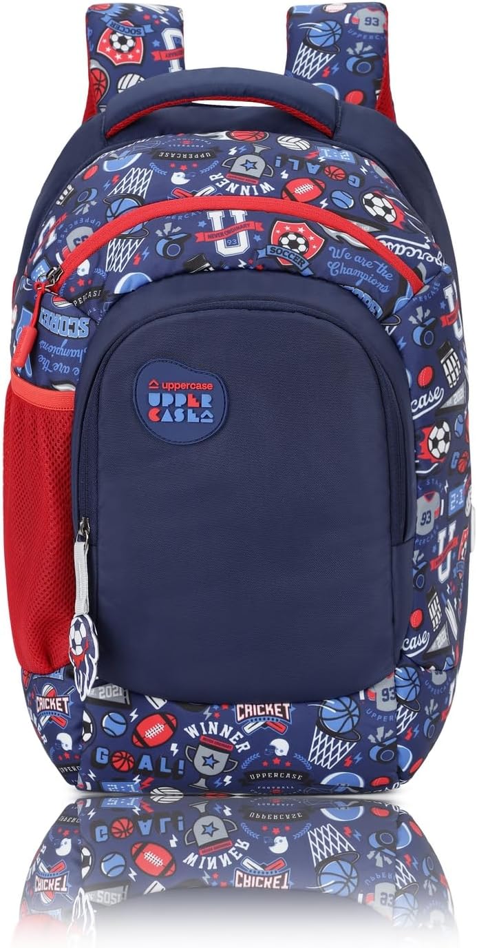 uppercase 30L Sprout 01 School Bag | Double Compartment | Quick -Access Pocket | Well padded Shoulder Strap | Name Tag, Organiser & Plush Charm Inside | For Girls & Boys| 750 Days Warranty (Navy Blue)