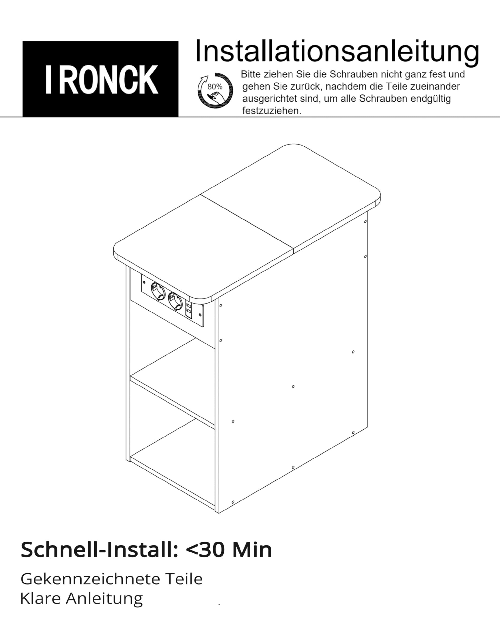 IRONCK Nachttisch schmal, Beistelltisch mit Steckdose 2 AC, 2 USB-Anschlüsse, Holz Sofatisch, Couchtisch mit Flip geheimfach, 2 offene Fächer, Nachtschrank für Wohnzimmer, Schlafzimmer,Weiß