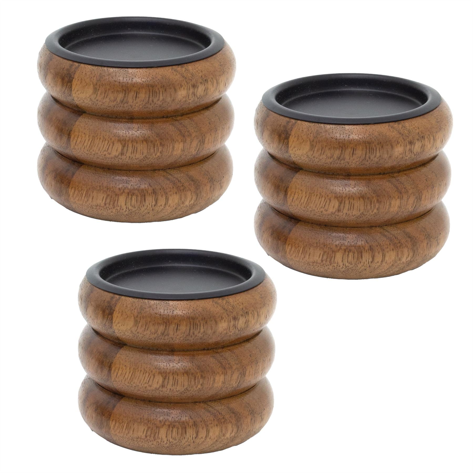 Set of 3 Wooden Pillar Candle Holder | Rustic Ribbed Walnut Holder for Pillar Candles | Decorative Candlestick for Tables, Mantels & Shelves - 8cm