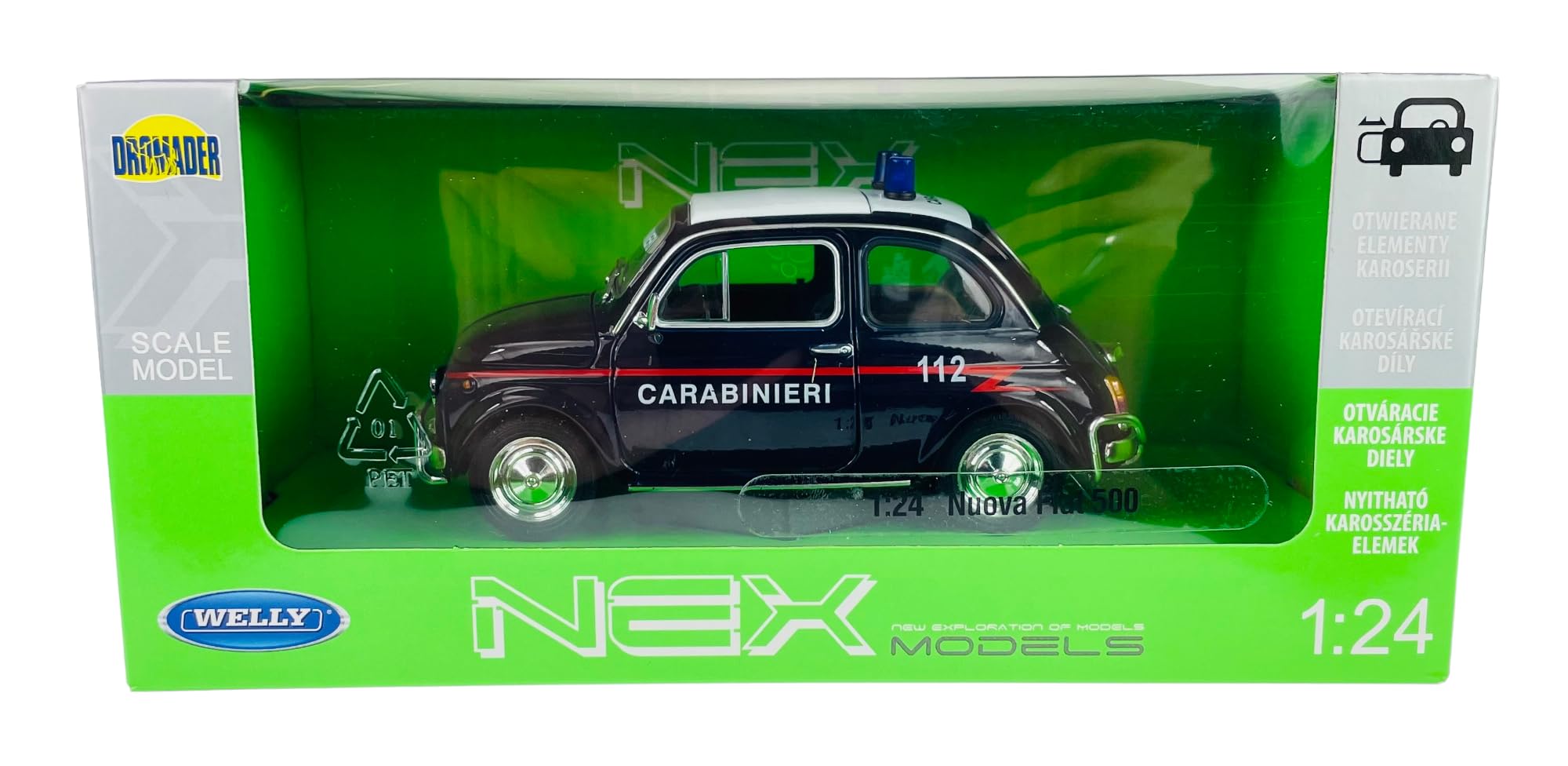 Welly Modello Auto Compatibile con FIAT Nuova 500 Carabinieri Polizia 1957-1975 ca 1/24 1:24 Metallo Modello Auto Il Cast Nuovo in Scatola