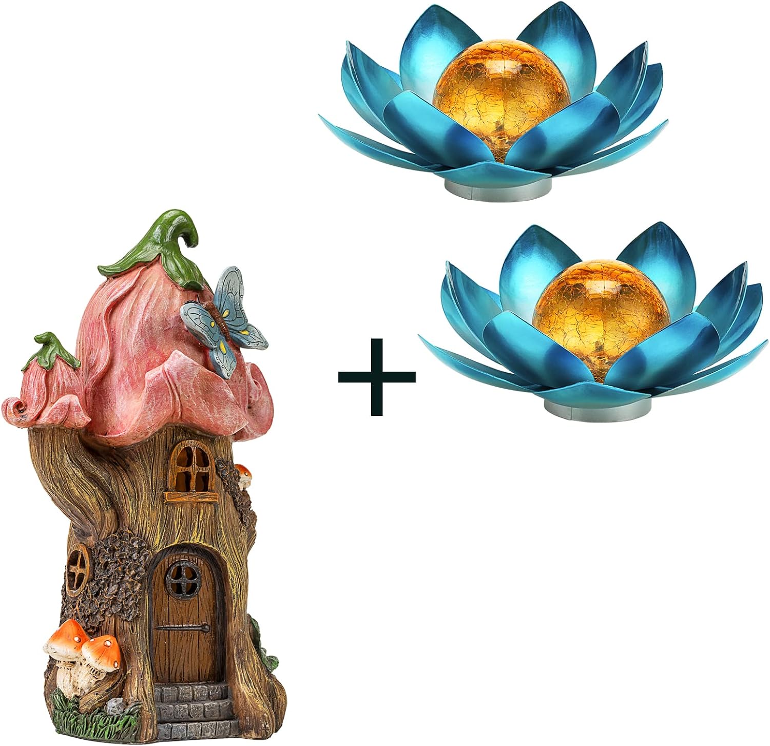 AIINY 2Pack Solar Light Blue Crackle Globe Glass Lotus Flower Lights and Gnome Fairy House Statues Solar Powered LED Outdoor Decor Garden Light