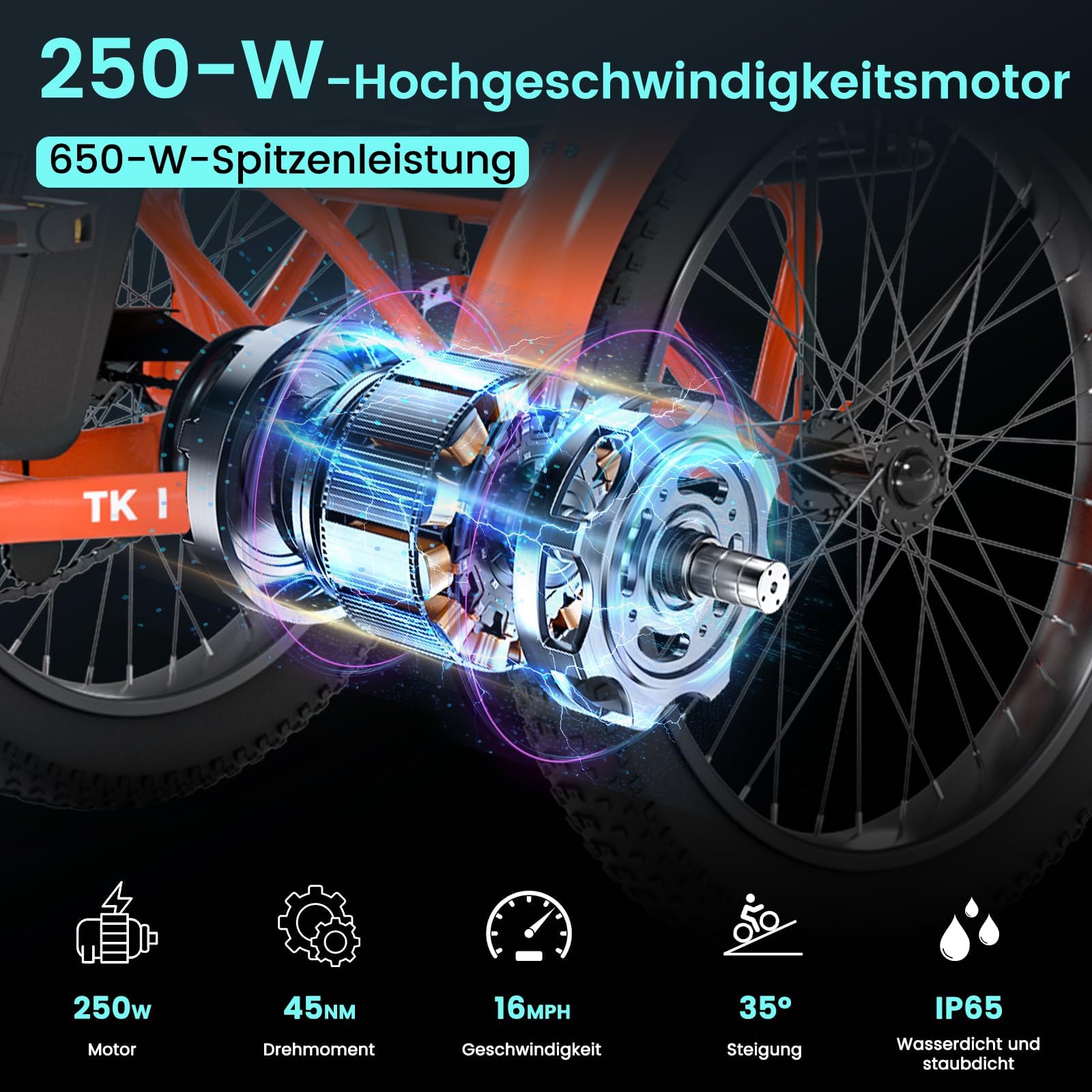 MOONCOOL E Bike Dreirad Klapprad, 20" Elektrofahrräder für Herren Damen, 36V 20AH Akku, 250W Motor 45 Nm, LCD-Display, IP65 Wasserdicht, 3 Fahrmodi, mit Großen Körben & Fußstützen