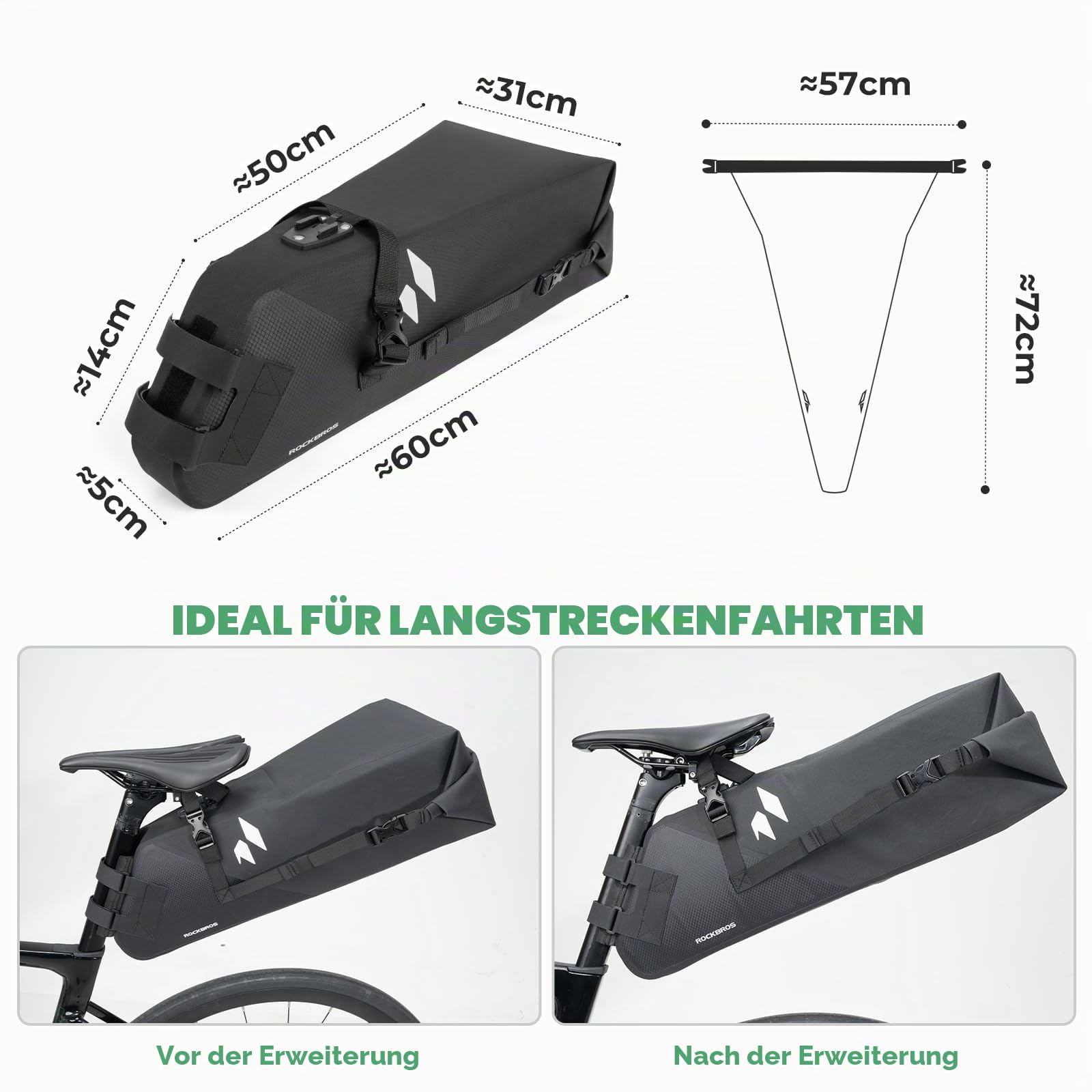 ROCKBROS Bikepacking Satteltasche 13L Wasserdicht, Fahrradtasche Sattel mit Halterung, Fahrrad Sitztasche aus Polyester, Reflektierender, für Rennrad, MTB und Gravelbike