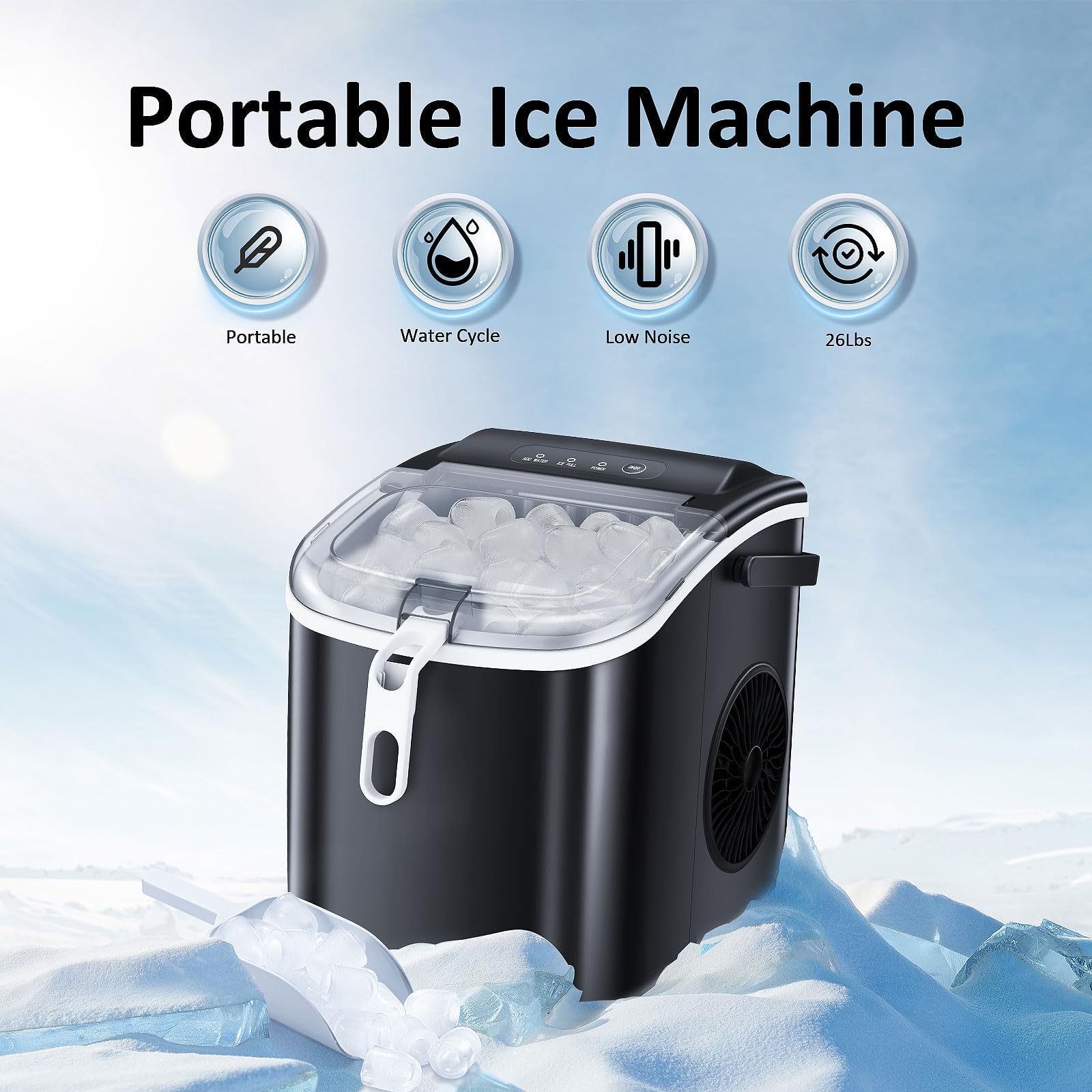 Antarctic Star Countertop Ice Maker Portable Ice Machine With Handle,Bullet Ice, Automatic-Cleaning Ice Makers, 26lbs/24h, 9 Ice Cubes Ready In 6 Mins For Home Kitchen Bar Party (Black) on Fridge.com - View 2
