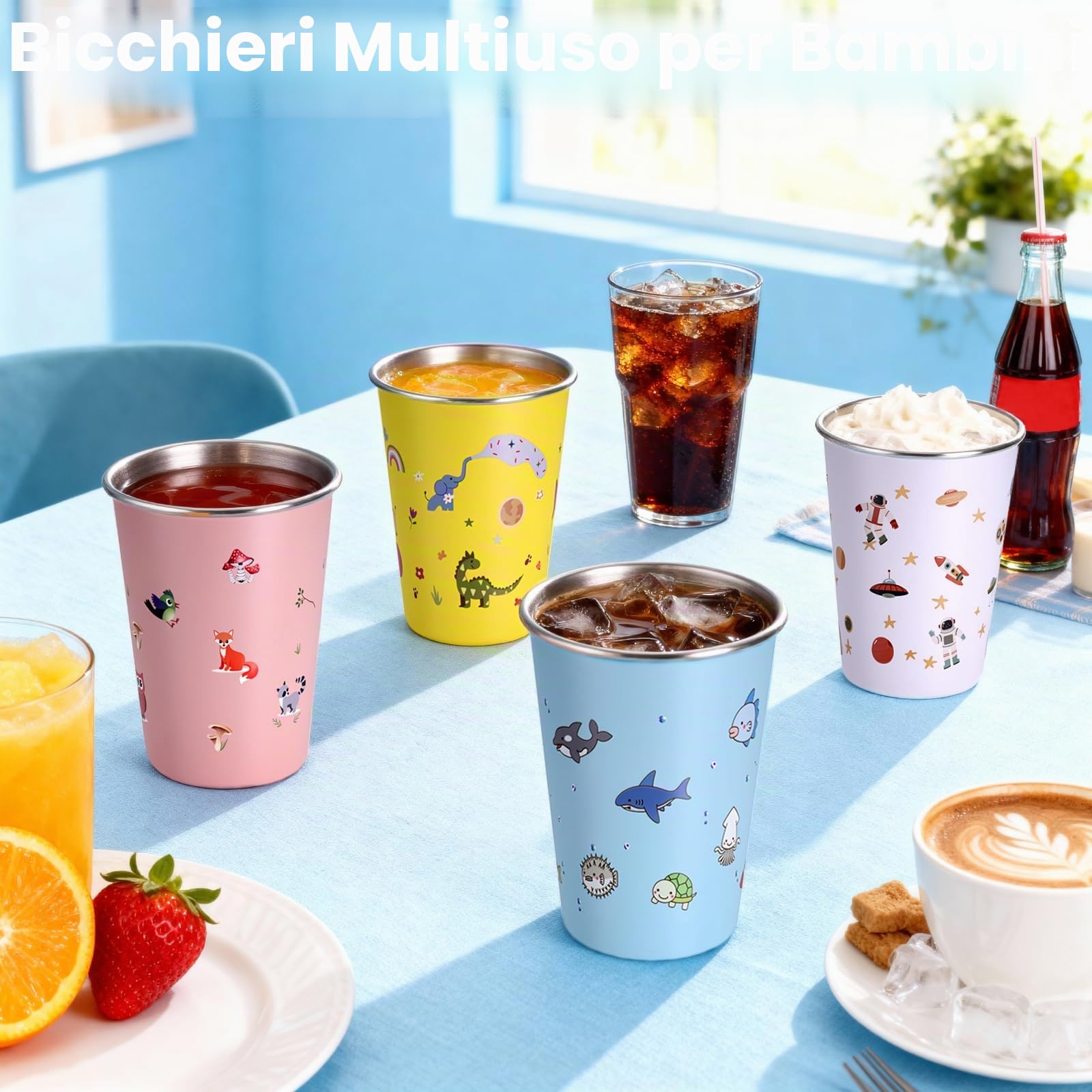 Hejo Set di 4 Tazze in Acciaio Inox per Bambini, Impilabile Tazza campeggio 350 ml, Riutilizzabili, Tazze infrangibili per bambini e bambine, per Picnic, Viaggi, Barbecue, Escursioni