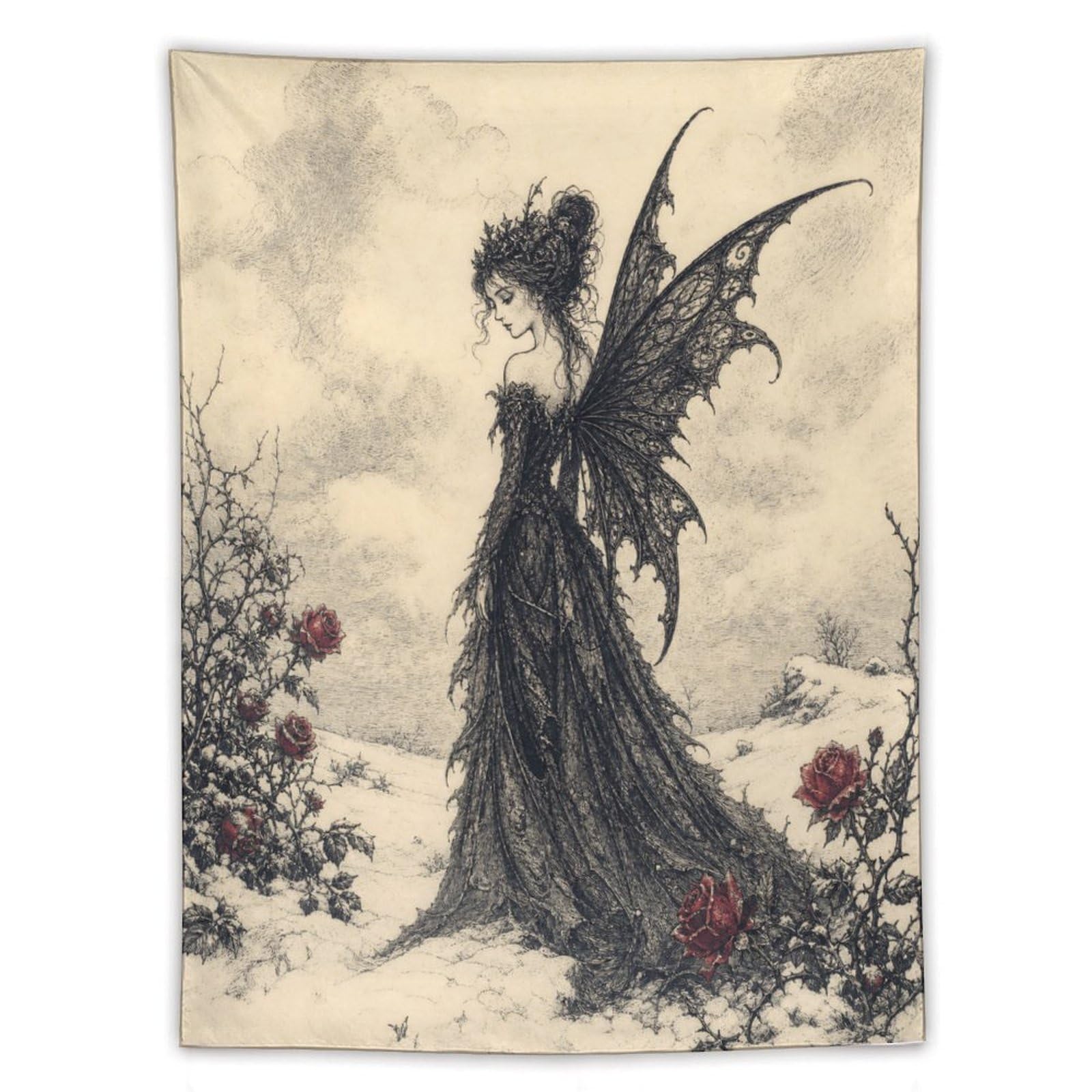 H3B8U2Y5 Dark Fairy with Roses Wall Tapestry, Gothic Oil, Ink Fantasy