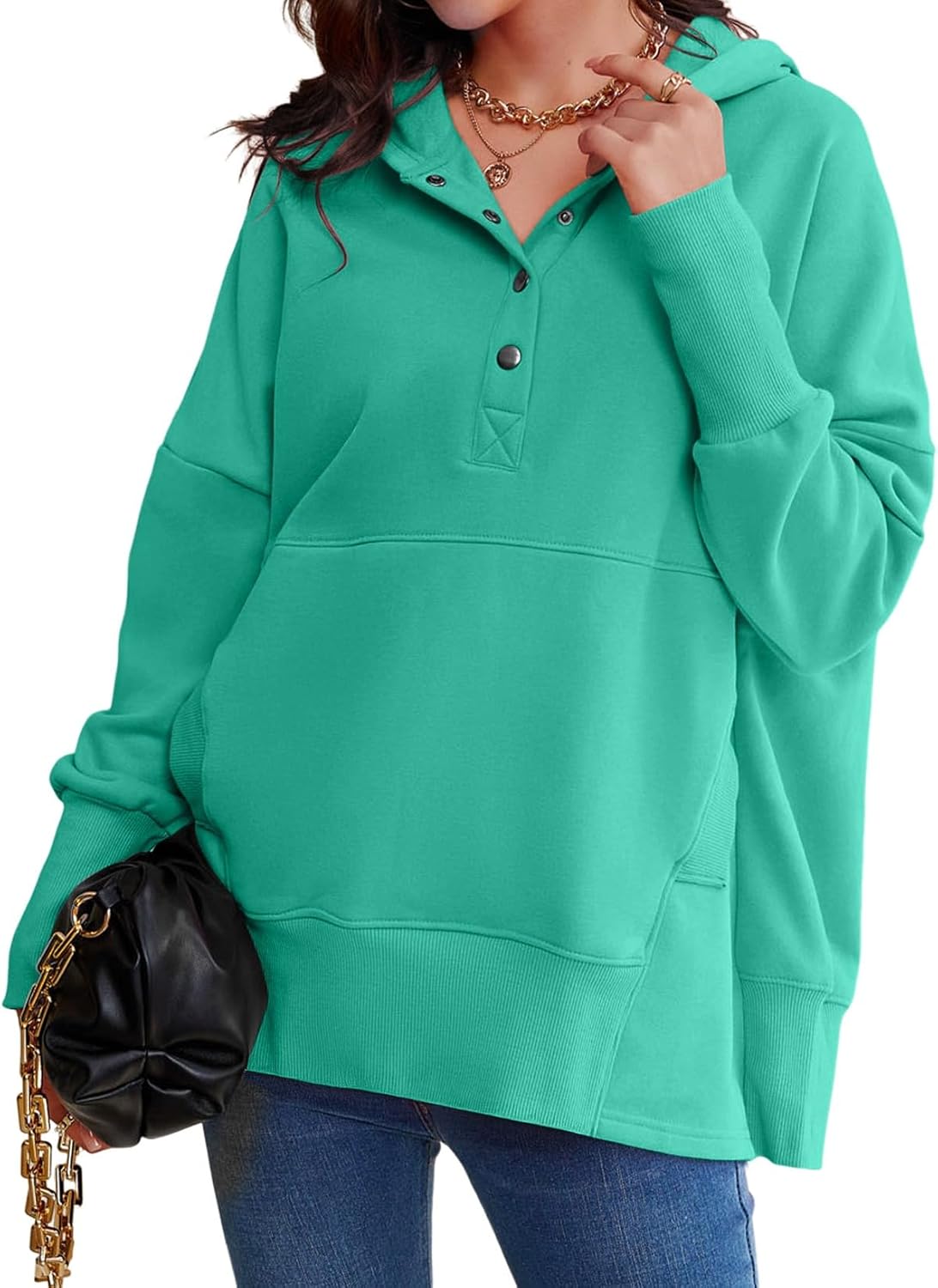 AlvaQ Womens Oversized Sweatshirts Hoodies Fleece Button Neck Hooded Tops Casual Pullover Tunics Winter Outfits 2025