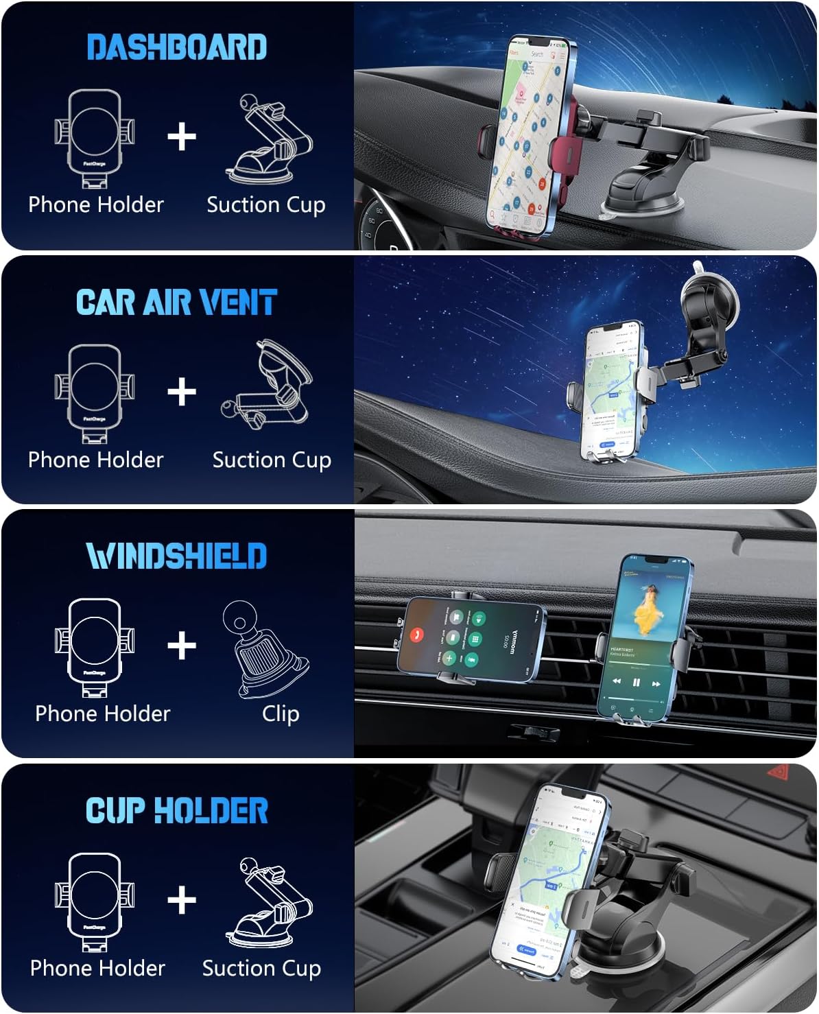 Wireless Car Charger, Fast Charging Phone Holder 3 in 1 Phone Mount Auto Clamping Car Accessories Compatible with iPhone 17 16 15 14 13 12 11 Xs XR, Samsung S23 Ultra S22 S21 S20(Space Grey)