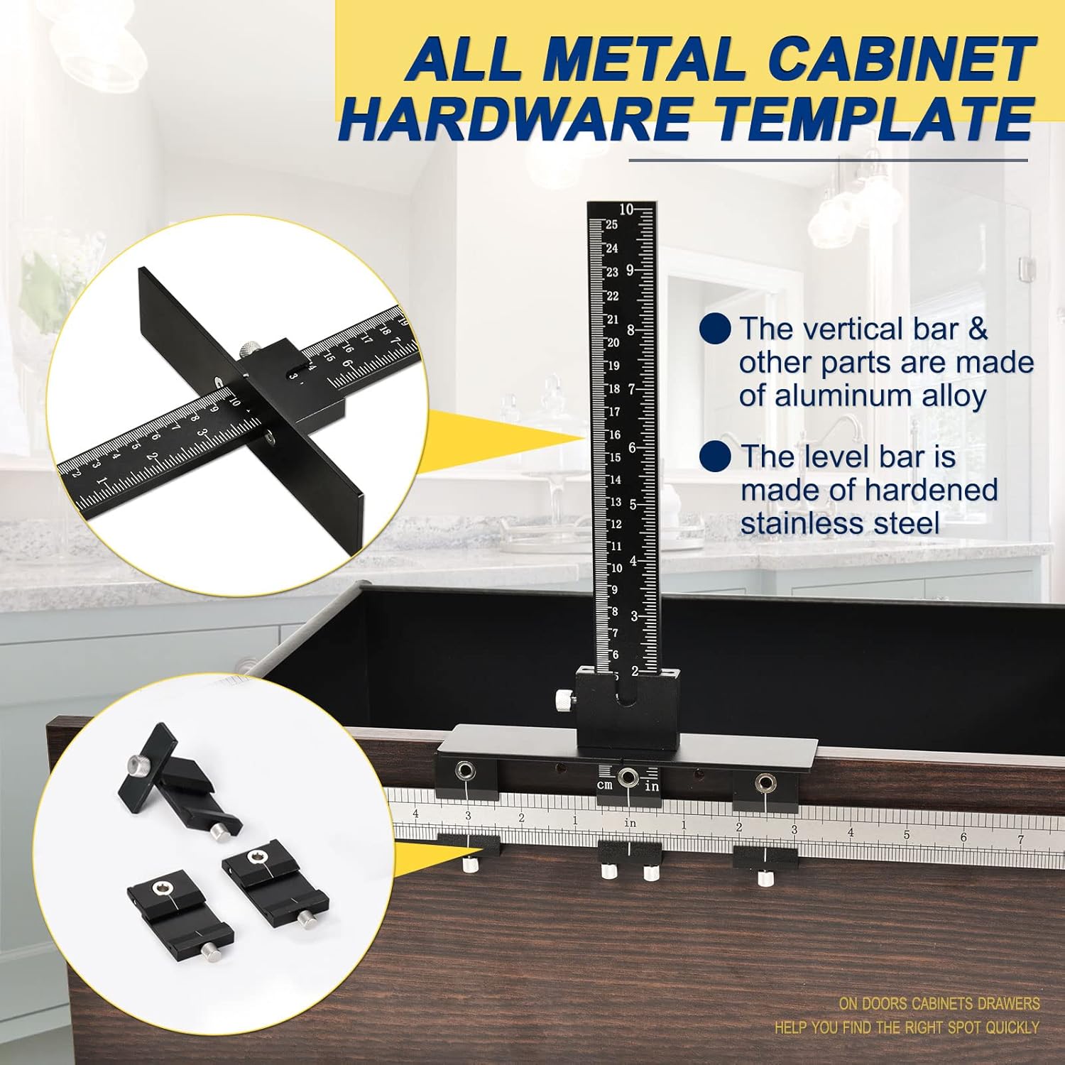 Cabinet Hardware Jig, All Metal Adjustable Cabinet Handle Jig with Φ5mm & Φ4mm Drilling Template Hole, Cabinet Hardware Template for Knob/Handle/Pull Installation