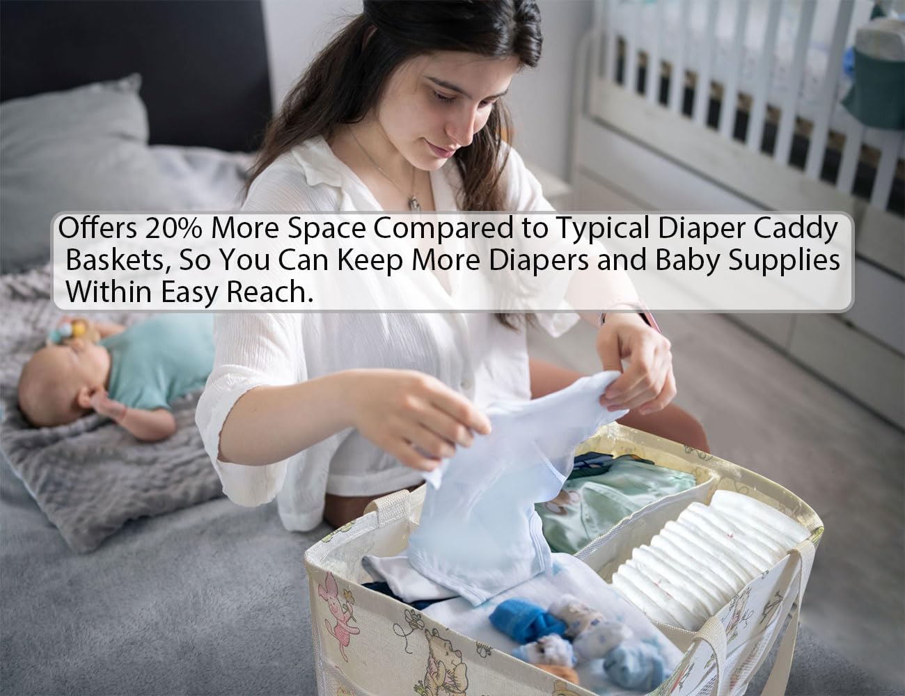Extra Large Winnie Baby Diaper Caddy Organizer, Baby Wipes Storage Basket for Changing Table, Gift for Newborn Essentials, Baby Shower Must Have, Portable and Foldable for Space Saving (White)