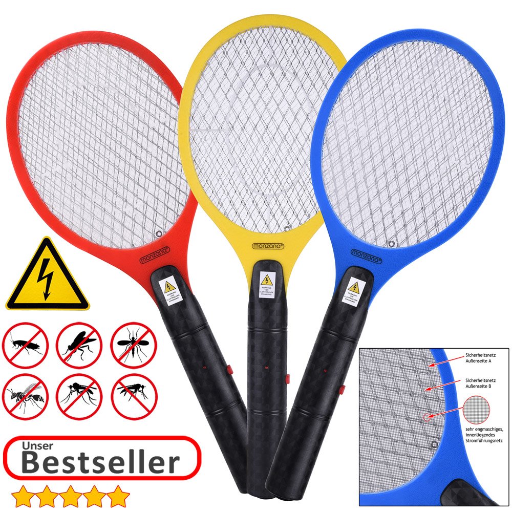 MONZANA® Raqueta Matamoscas Eléctrica 3 Unid. Matamosquitos Protección de Malla Doble Batería Uso Interior