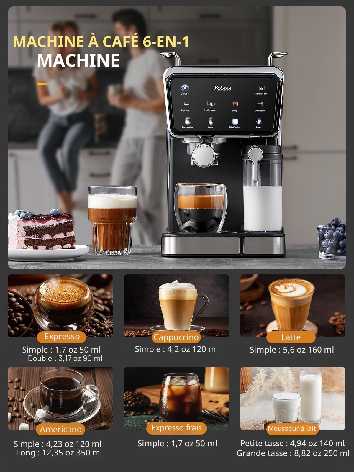 Yabano Machine à expresso, 20 bars, avec mousseur à lait automatique de 500 ml, 6 boissons, écran tactile couleur, réservoir d'eau de 1,5 l, cafetière cappuccino et latte, 1450 W