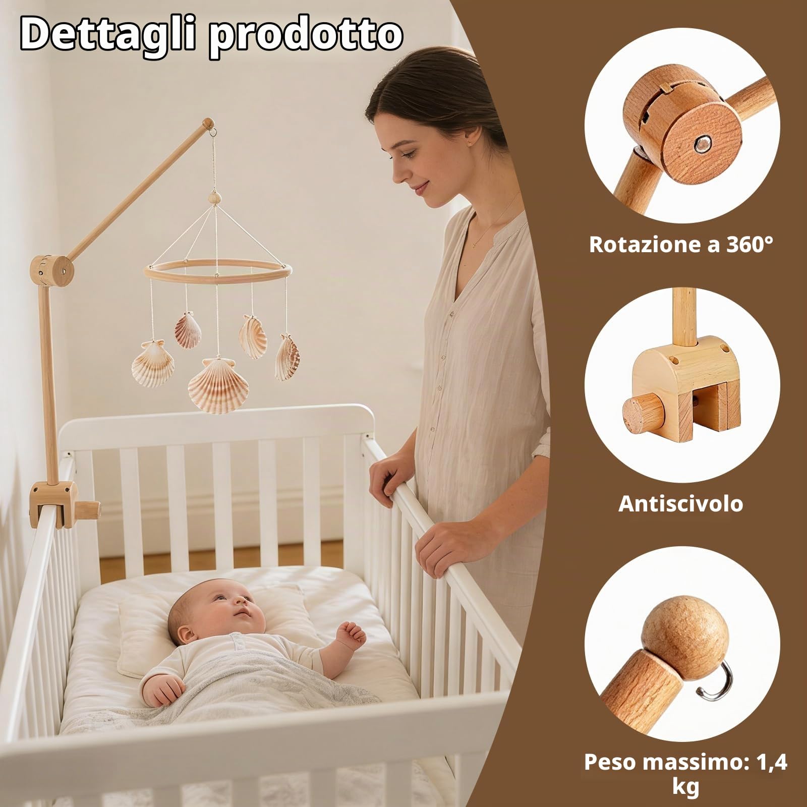 Supporto Regolabile in Legno per Lettino, Supporto Mobile per Culla Neonato, Gancio Rimovibile Giostrina, Altezza Regolabile, Adatto Cameretta Bambini e Fasciatoio, Decorazione Giocattoli