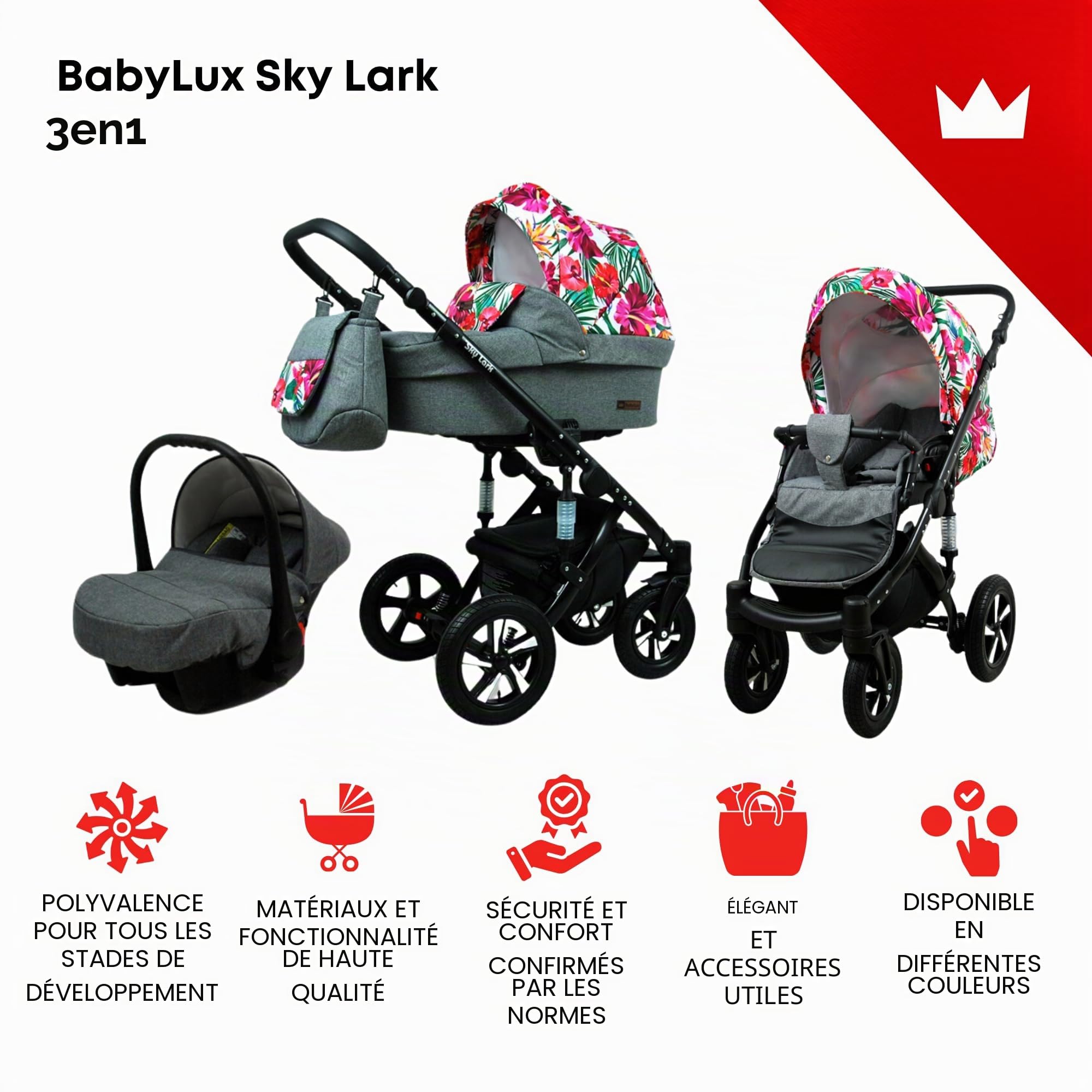 BabyLux® Enfant Poussette Combinée Set 3 en 1 - Sky Lark - incl. Nacelle, Canne, Siège de voiture - Siège Auto - Pliable - avec Sac à langer, Habillage pluie, Moustiquaire etc.