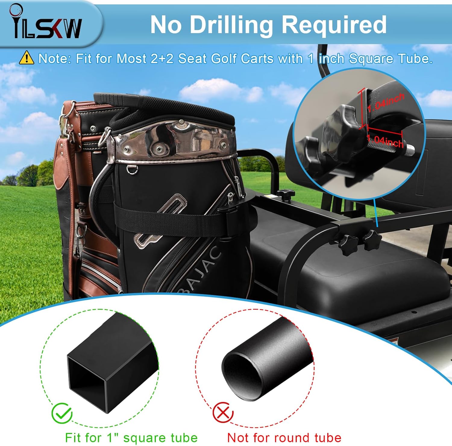 iLSKW Golf Cart Bag Holder Bracket for 2+2 Seater Golf Cart Rear Seat, Compatible with EZGO, Club Car, Yamaha Golf Carts, 1 inch Sqaure Strut, No Drilling Golf Cart Rear Bag Holder Adjustable
