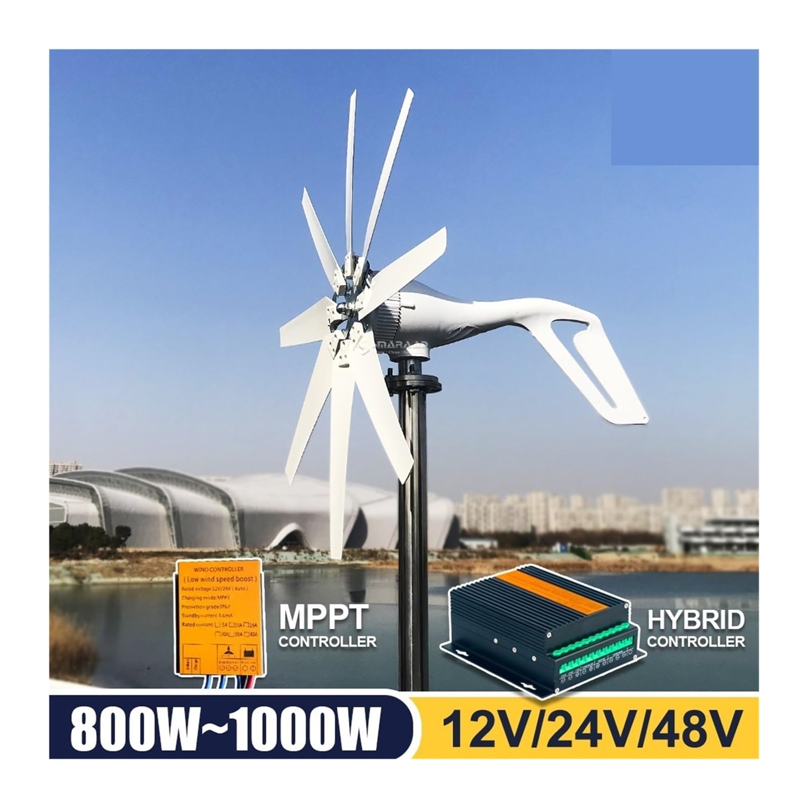 Windturbinengenerator, 1000W 12V 24V Windturbinengenerator Komplettset Windmühle MPPT/Laderegler Kleiner Windgenerator Heimgebrauch Geräuscharm für Marine, Wohnmobil, Zuhause(MPPT Controller,12v)