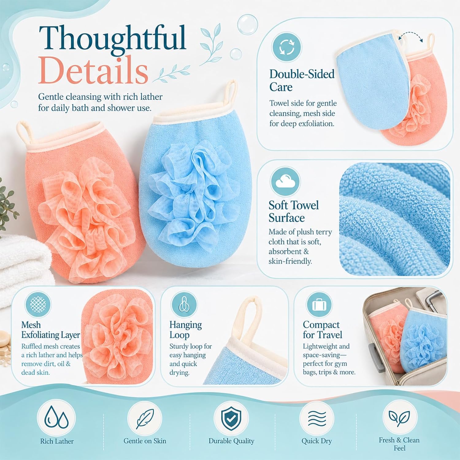 2 Pcs Larger Lightweigh Travel Size Loofah, Travel Loofah