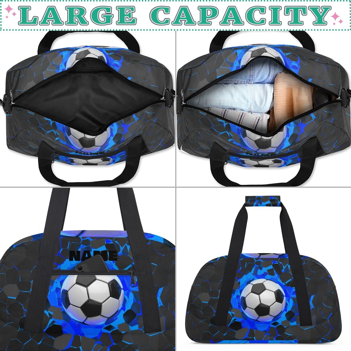 Personalized Name Sports Bag for Kids Boys, Custom Gym Duffel Fitness Travel Weekender Tote Carry-On Training Perform Bag, Soccer Black Blue - Image 5