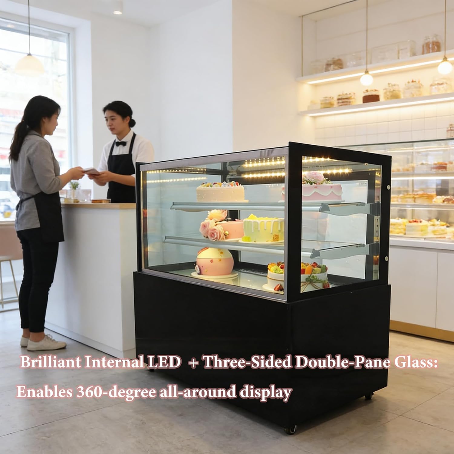 220V Commercial Cake Display Refrigerator Digital Temp Control 396L Floor Standing Refrigerated Cake Display Case with LED Light Glass Door for Bakery Shop