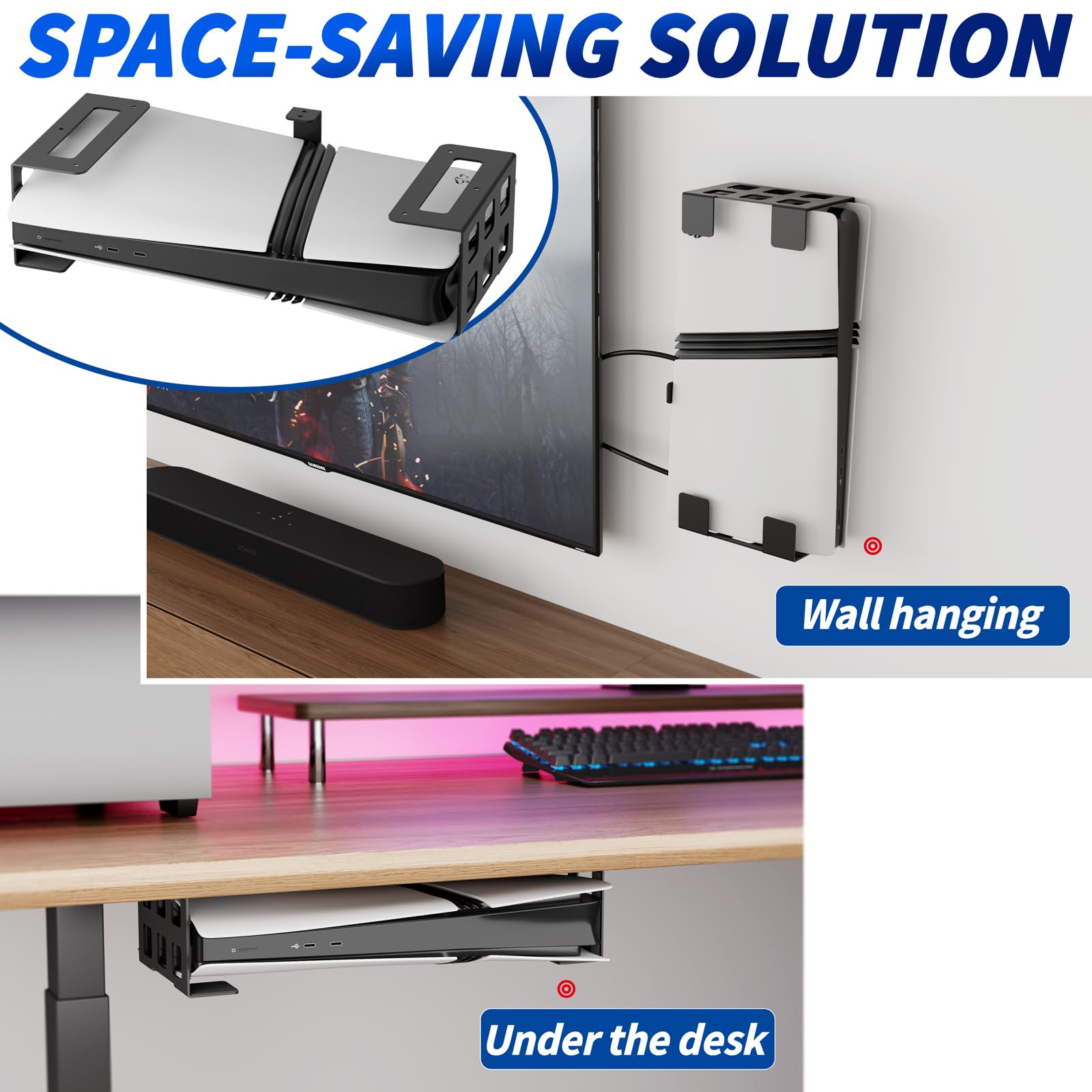 sciuU Supporto Orizzontale Sotto Scrivania/Supporto Parete Verticale compatibile con PS5 Pro Digital, PS5 Slim Digital, Xbox Series S, Xbox One – Porta Console da Muro/Tavolo in Acciaio Inox