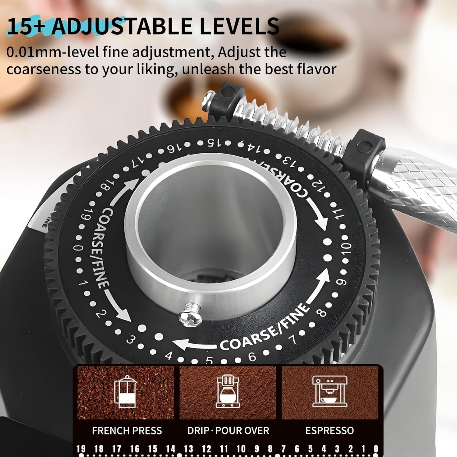 Professional Burr Coffee Grinder, Espresso Bean Grinder Coffee Bean Grinder with 19 Grind Settings for Espresso, Drip & French Press, Stainless Steel White